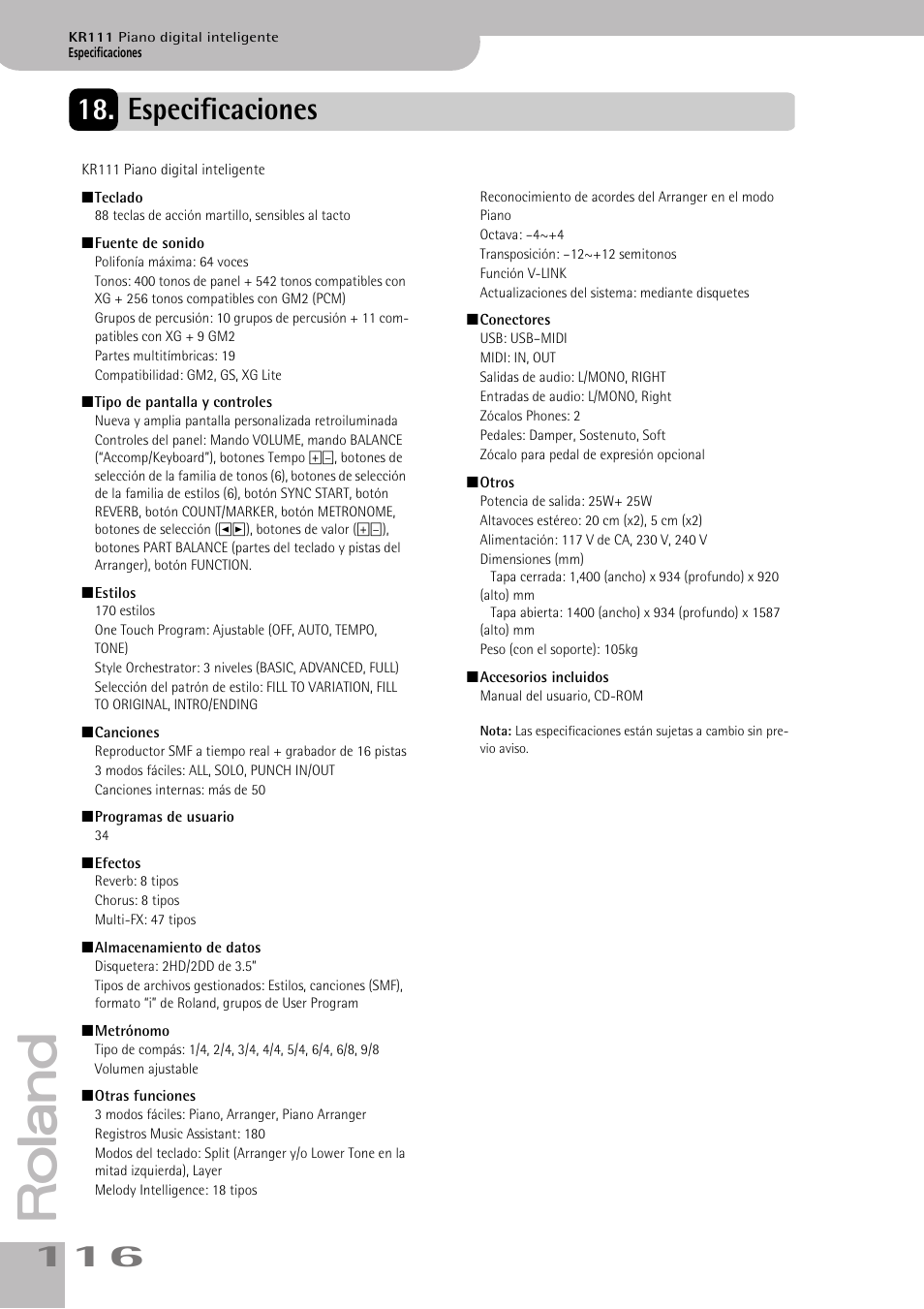 Especificaciones | Roland KR111 User Manual | Page 118 / 186