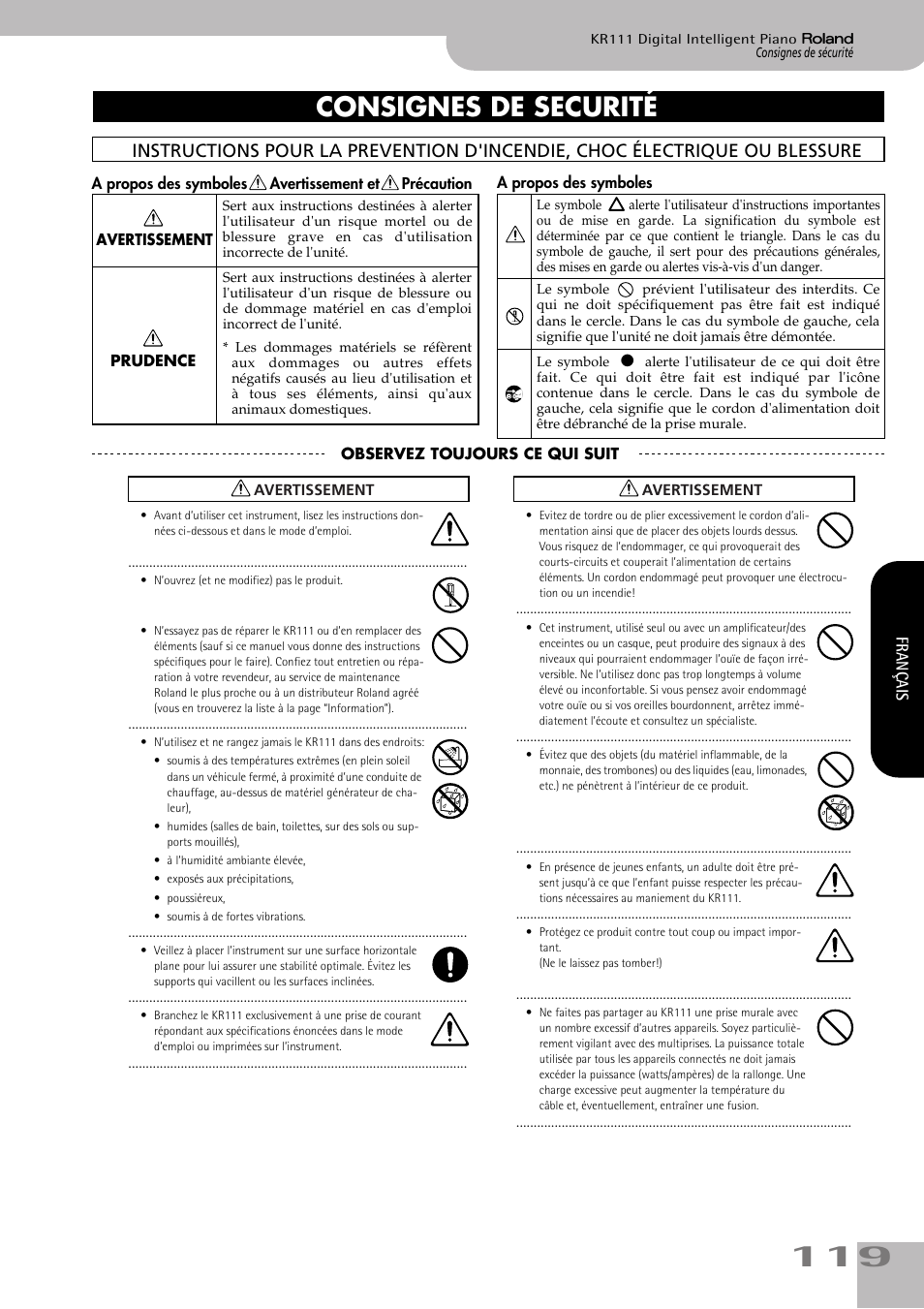 Consignes de securité | Roland KR111 User Manual | Page 121 / 186