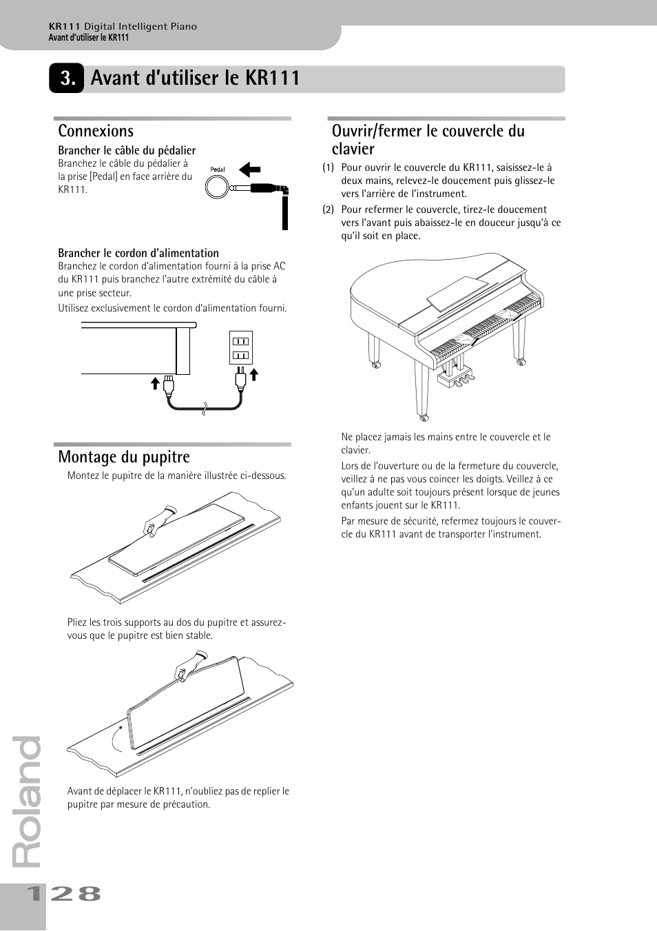 Avant d’utiliser le kr111, Connexions, Montage du pupitre | Ouvrir/fermer le couvercle du clavier | Roland KR111 User Manual | Page 130 / 186