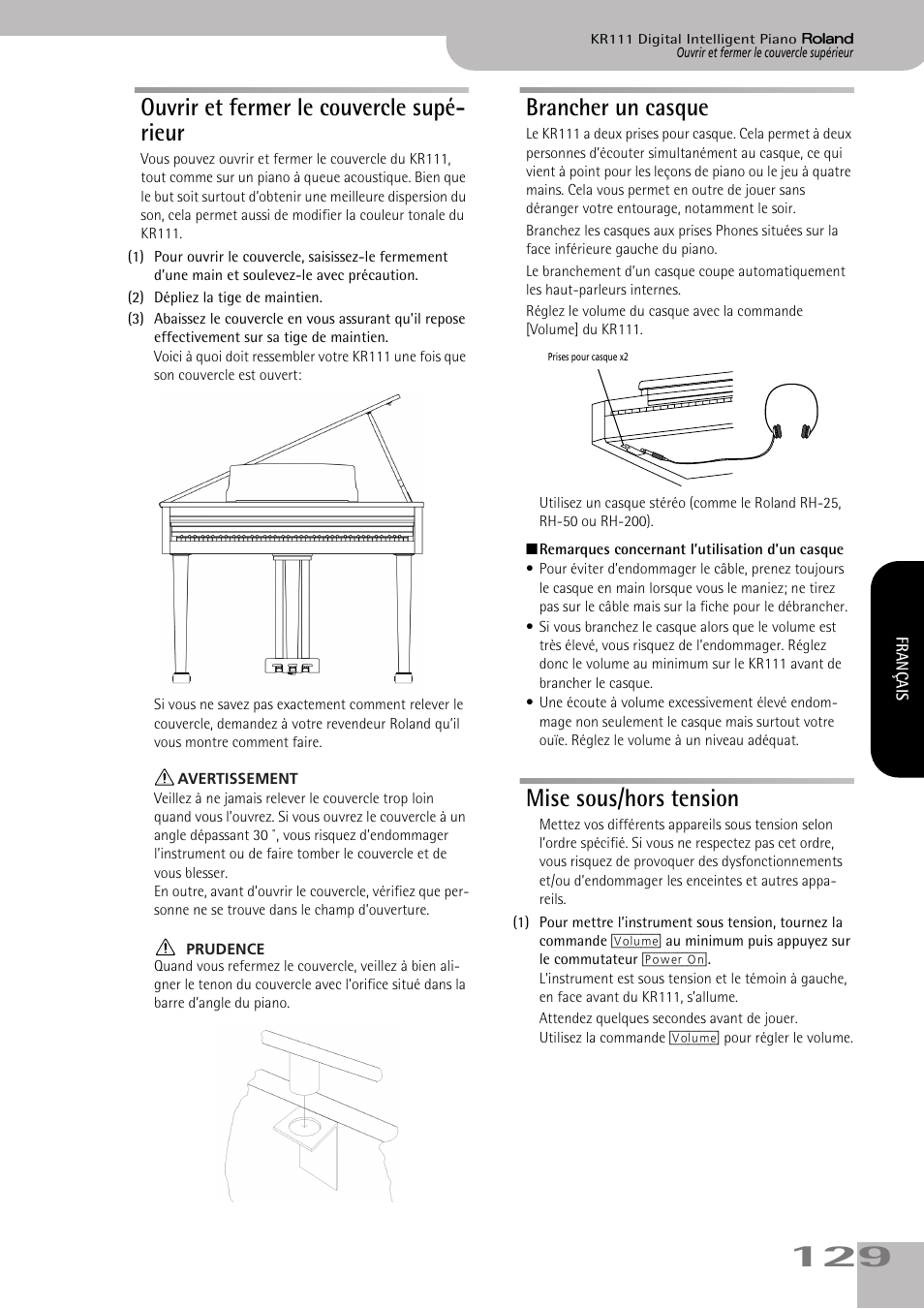 Ouvrir et fermer le couvercle supé- rieur, Brancher un casque, Mise sous/hors tension | Roland KR111 User Manual | Page 131 / 186