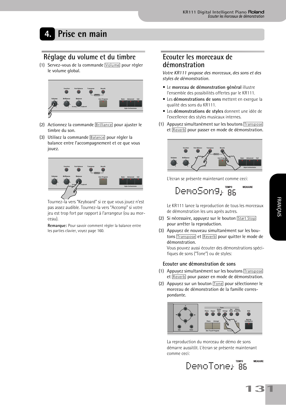 Prise en main, Demosong, Demotone | Réglage du volume et du timbre, Ecouter les morceaux de démonstration, Ecouter une démonstration de sons, Français | Roland KR111 User Manual | Page 133 / 186