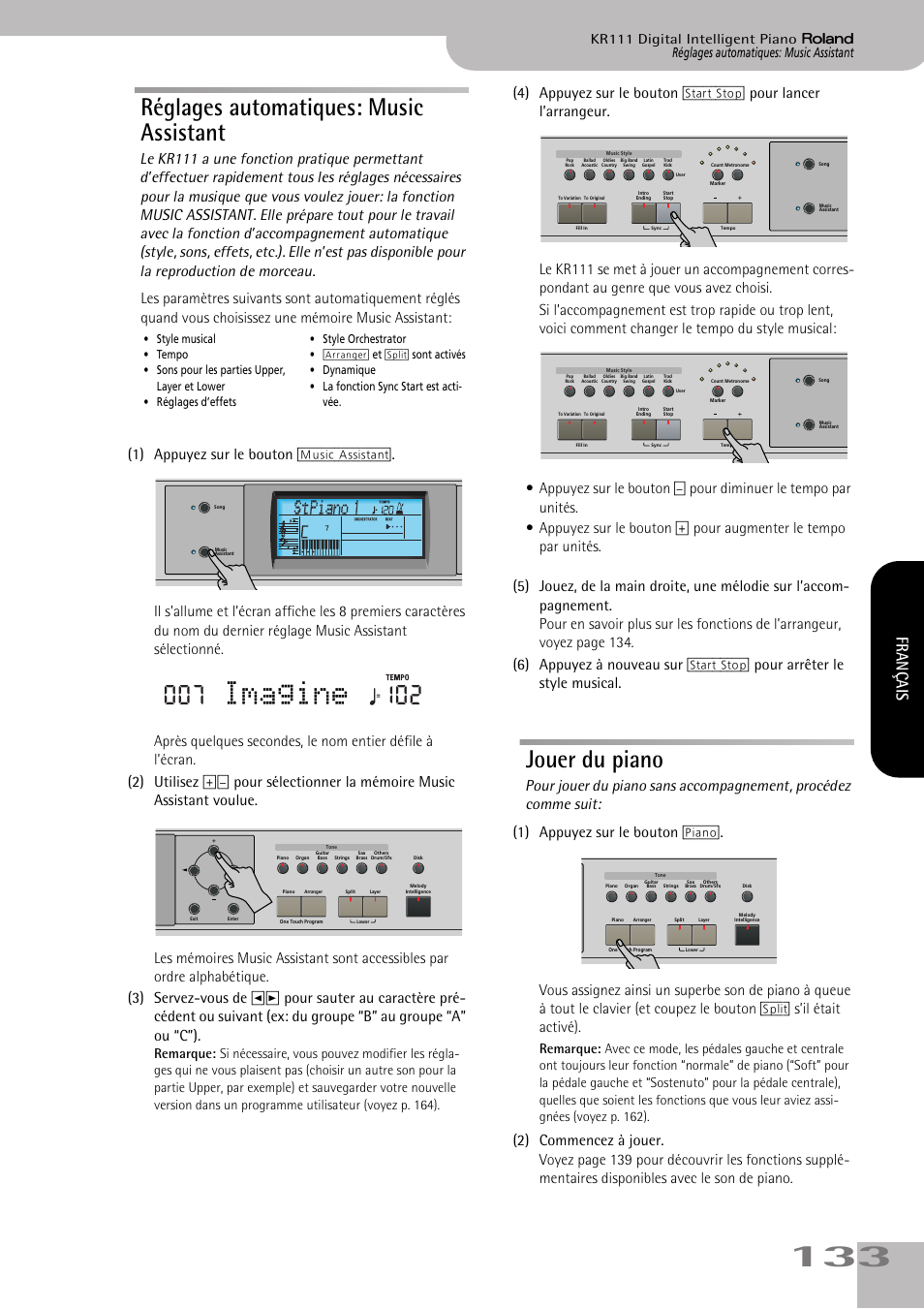 Imagine, Réglages automatiques: music assistant, Jouer du piano | Français | Roland KR111 User Manual | Page 135 / 186