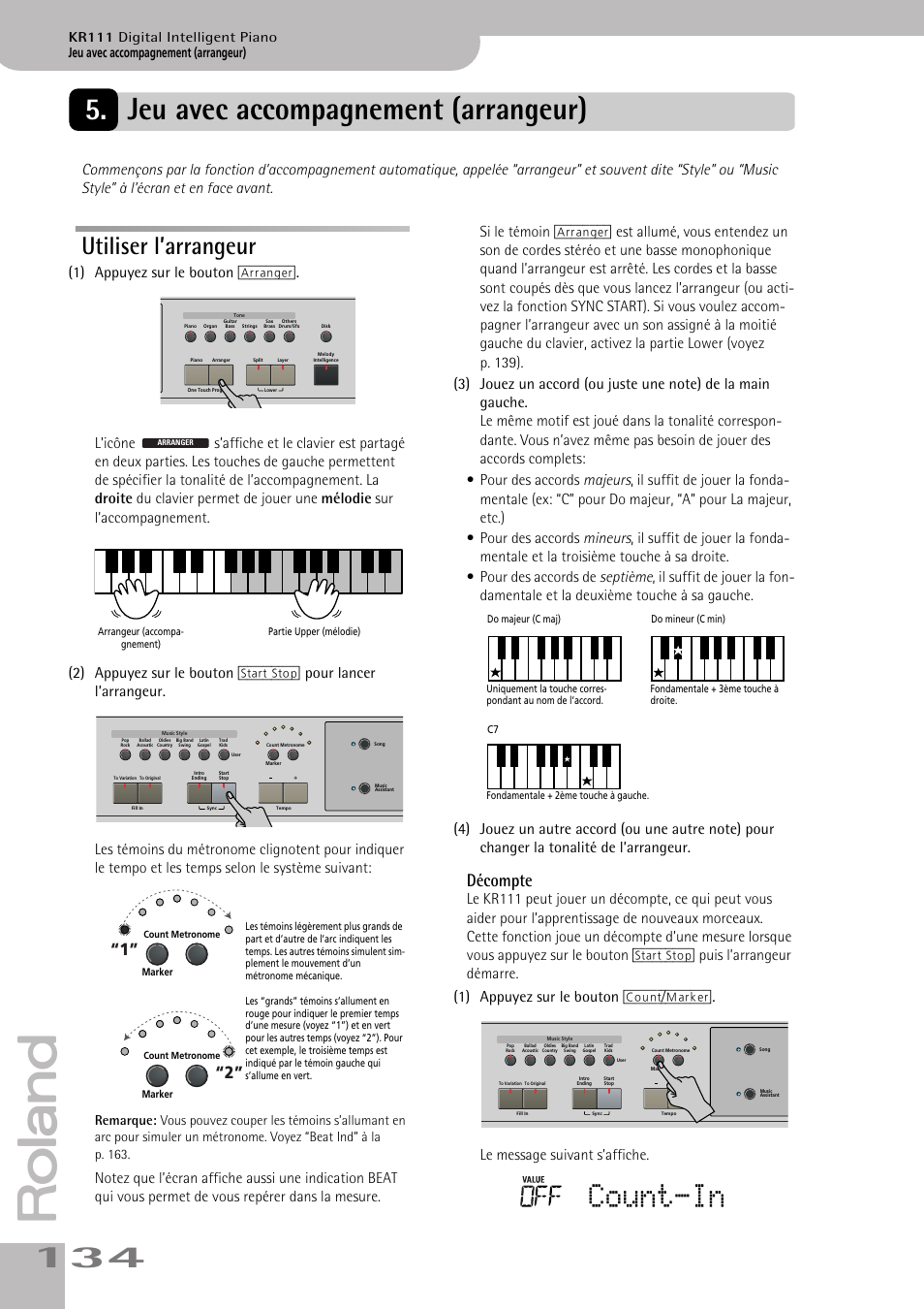 Count-in, Utiliser l’arrangeur, Décompte | Jeu avec accompagnement (arrangeur), Kr111 digital intelligent piano | Roland KR111 User Manual | Page 136 / 186