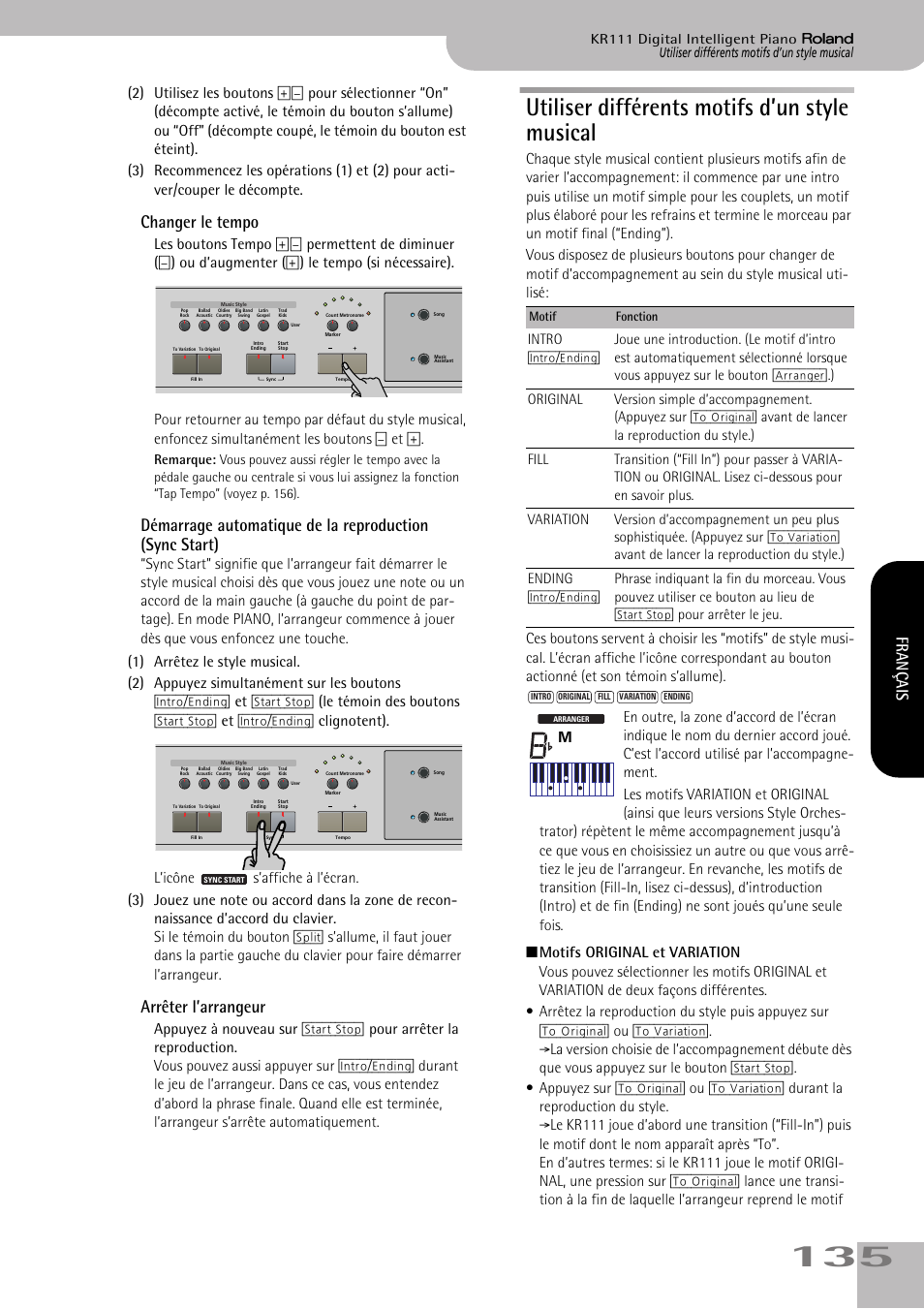 Utiliser différents motifs d’un style musical, Changer le tempo, Arrêter l’arrangeur | Français | Roland KR111 User Manual | Page 137 / 186