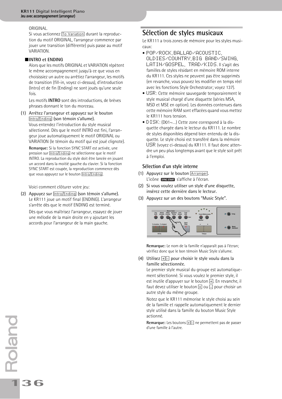 Sélection de styles musicaux, Sélection d’un style interne | Roland KR111 User Manual | Page 138 / 186