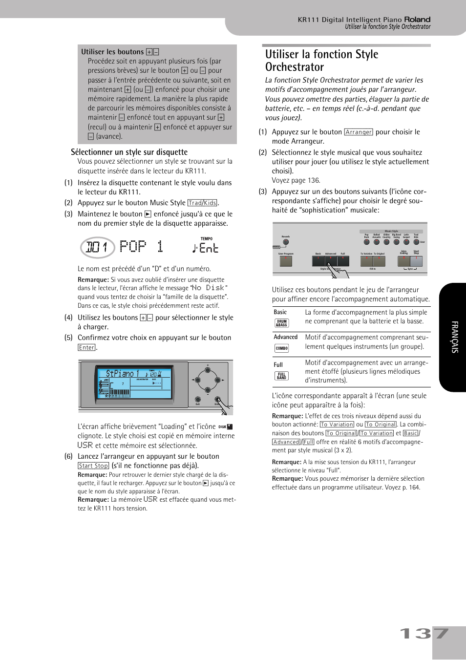 Pop 1, Utiliser la fonction style orchestrator, Sélectionner un style sur disquette | Français | Roland KR111 User Manual | Page 139 / 186