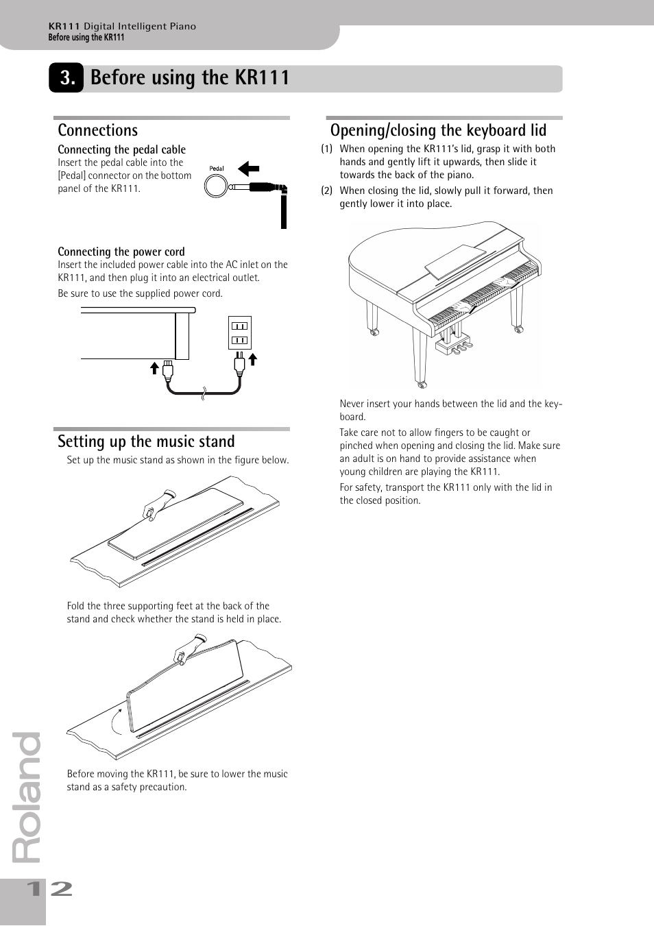 Before using the kr111, Connections, Setting up the music stand | Opening/closing the keyboard lid | Roland KR111 User Manual | Page 14 / 186