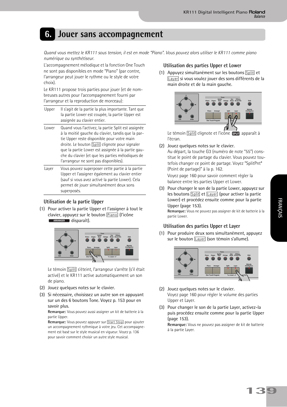 Jouer sans accompagnement, Utilisation de la partie upper, Utilisation des parties upper et lower | Utilisation des parties upper et layer, Français, Balance kr111 digital intelligent piano | Roland KR111 User Manual | Page 141 / 186