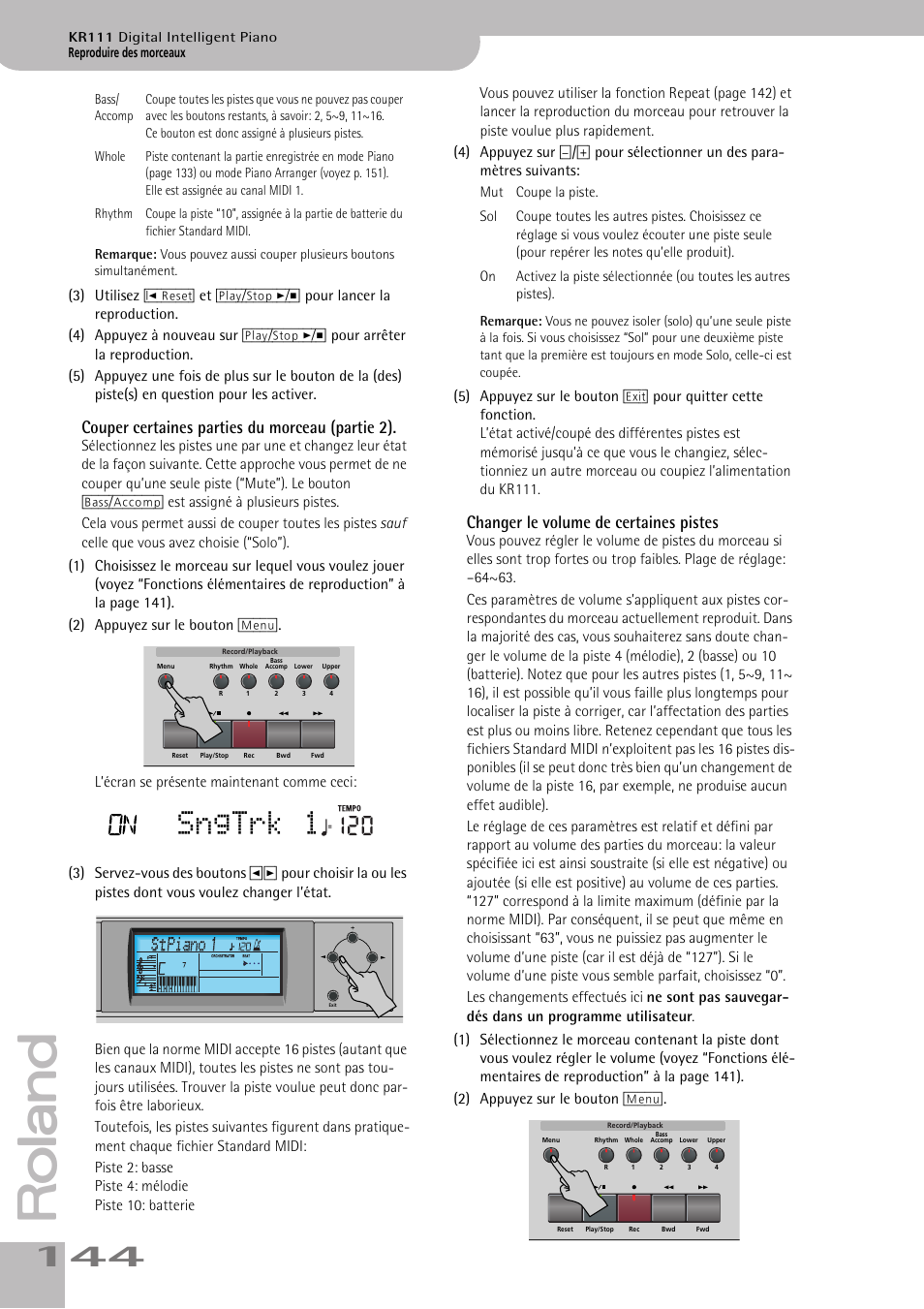 Sngtrk 1, Couper certaines parties du morceau (partie 2), Changer le volume de certaines pistes | Roland KR111 User Manual | Page 146 / 186
