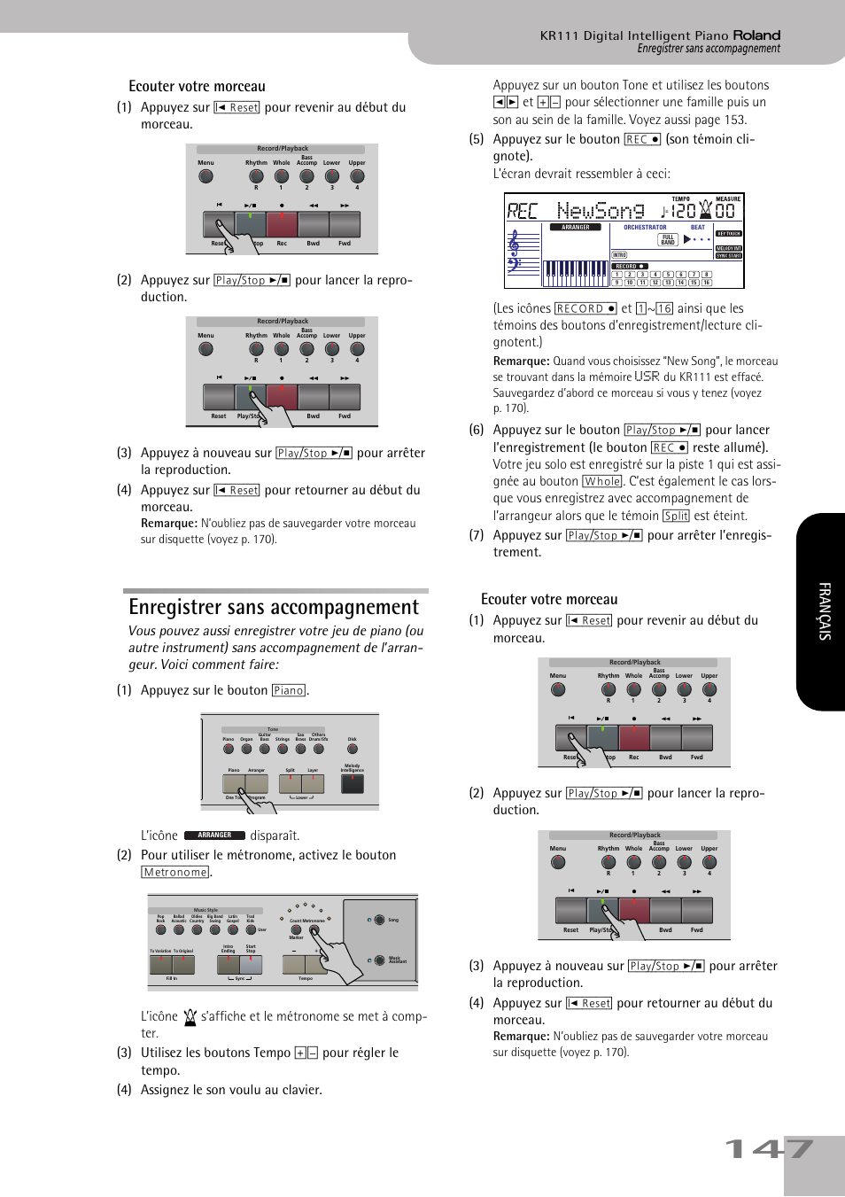 Enregistrer sans accompagnement, Newsong, Ecouter votre morceau | Français | Roland KR111 User Manual | Page 149 / 186