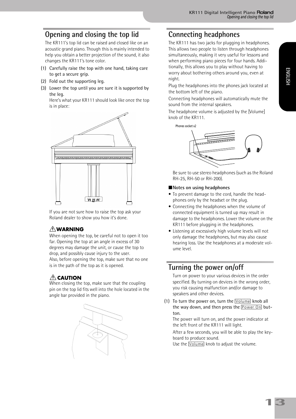 Opening and closing the top lid, Connecting headphones, Turning the power on/off | Roland KR111 User Manual | Page 15 / 186