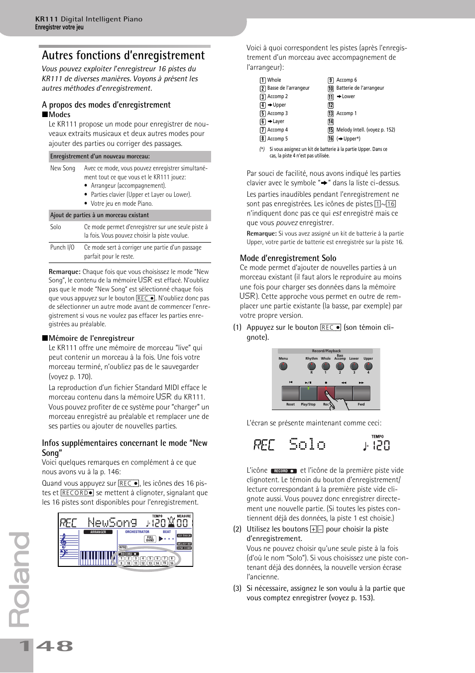 Solo, Autres fonctions d’enregistrement, Newsong | A propos des modes d’enregistrement, Infos supplémentaires concernant le mode “new song, Mode d’enregistrement solo | Roland KR111 User Manual | Page 150 / 186