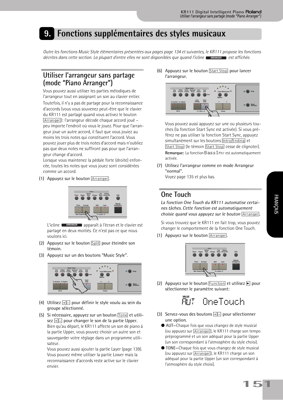Fonctions supplémentaires des styles musicaux, Onetouch, One touch | Français | Roland KR111 User Manual | Page 153 / 186