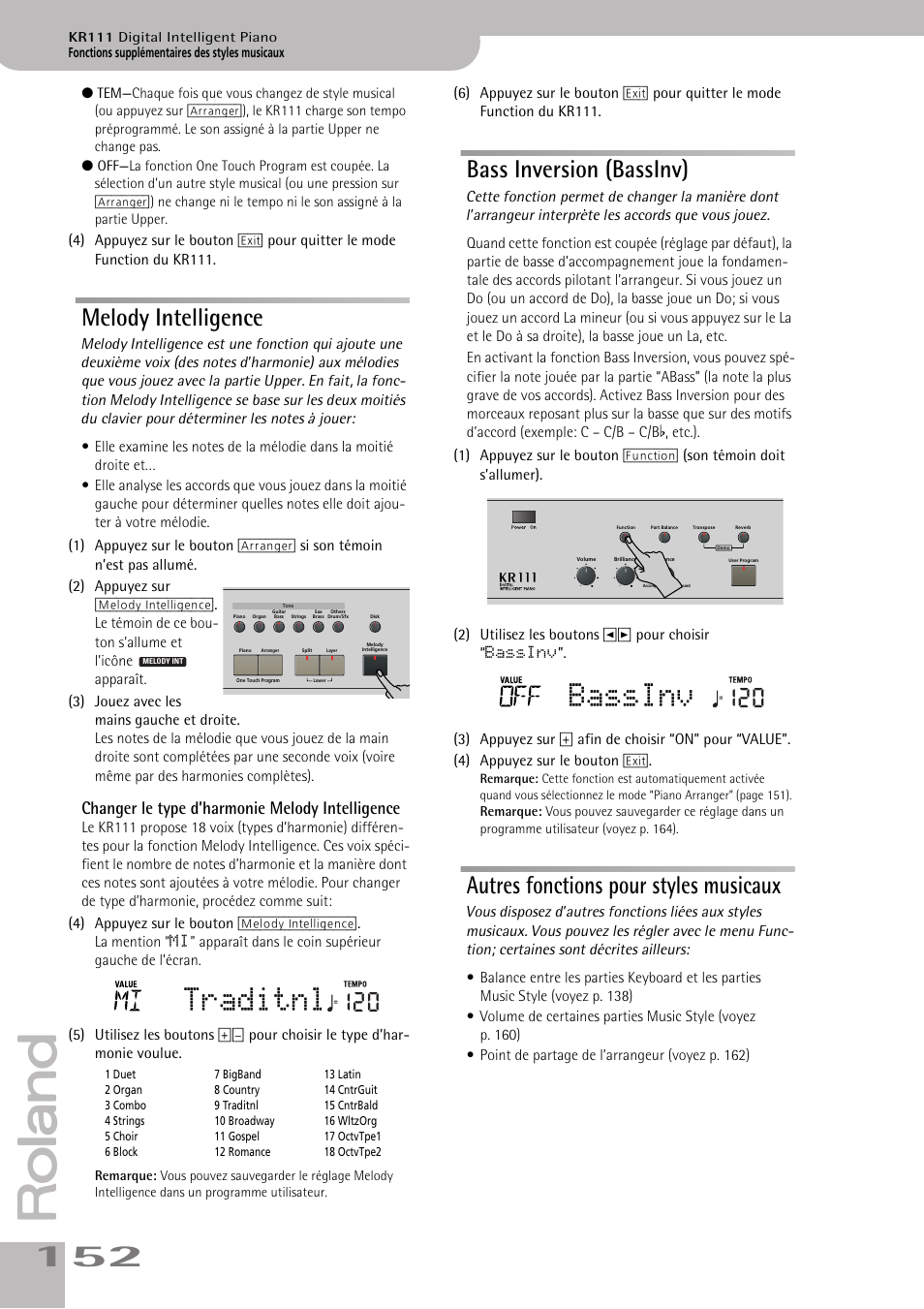 Traditnl, Bassinv, Melody intelligence | Bass inversion (bassinv), Autres fonctions pour styles musicaux, Changer le type d’harmonie melody intelligence | Roland KR111 User Manual | Page 154 / 186