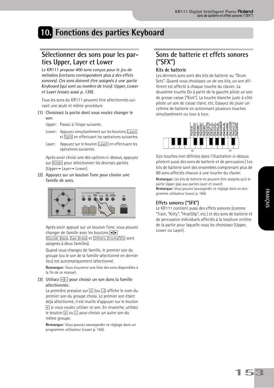 Fonctions des parties keyboard, Sons de batterie et effets sonores (“sfx”), Kits de batterie | Effets sonores (“sfx”), Français | Roland KR111 User Manual | Page 155 / 186