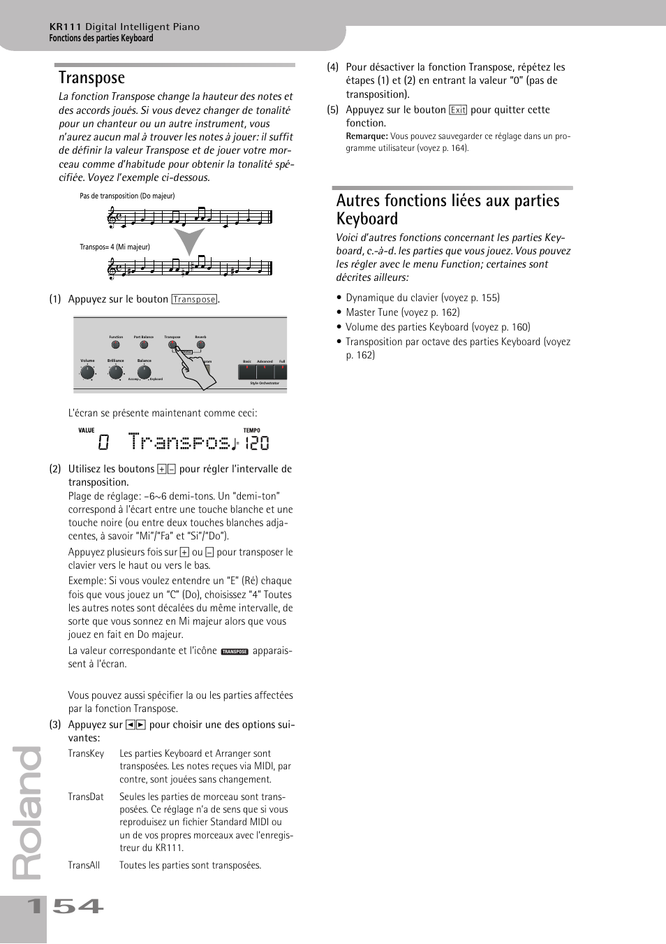 Transpos, Transpose, Autres fonctions liées aux parties keyboard | Roland KR111 User Manual | Page 156 / 186