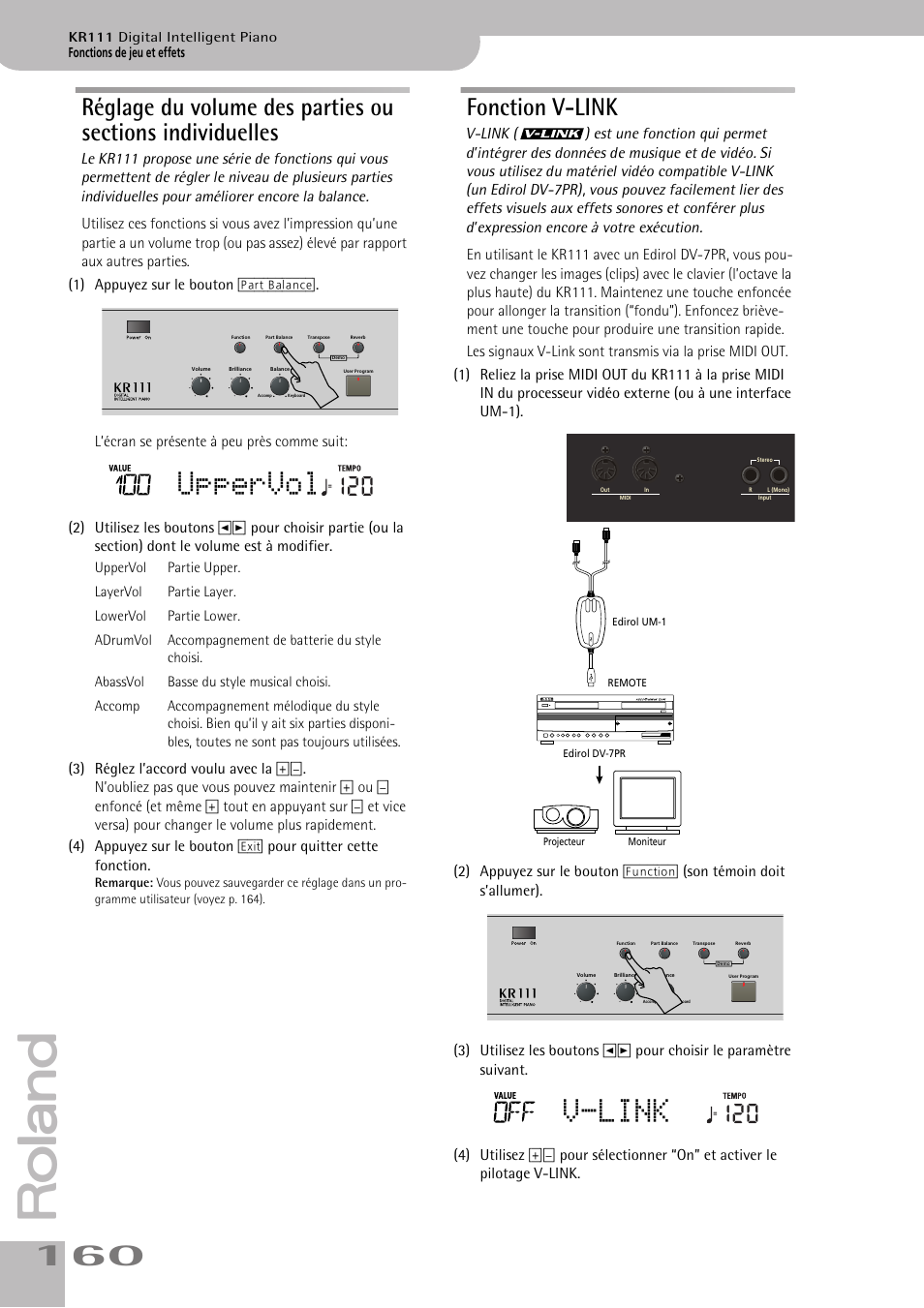 Uppervol, V-link, Fonction v-link | Roland KR111 User Manual | Page 162 / 186