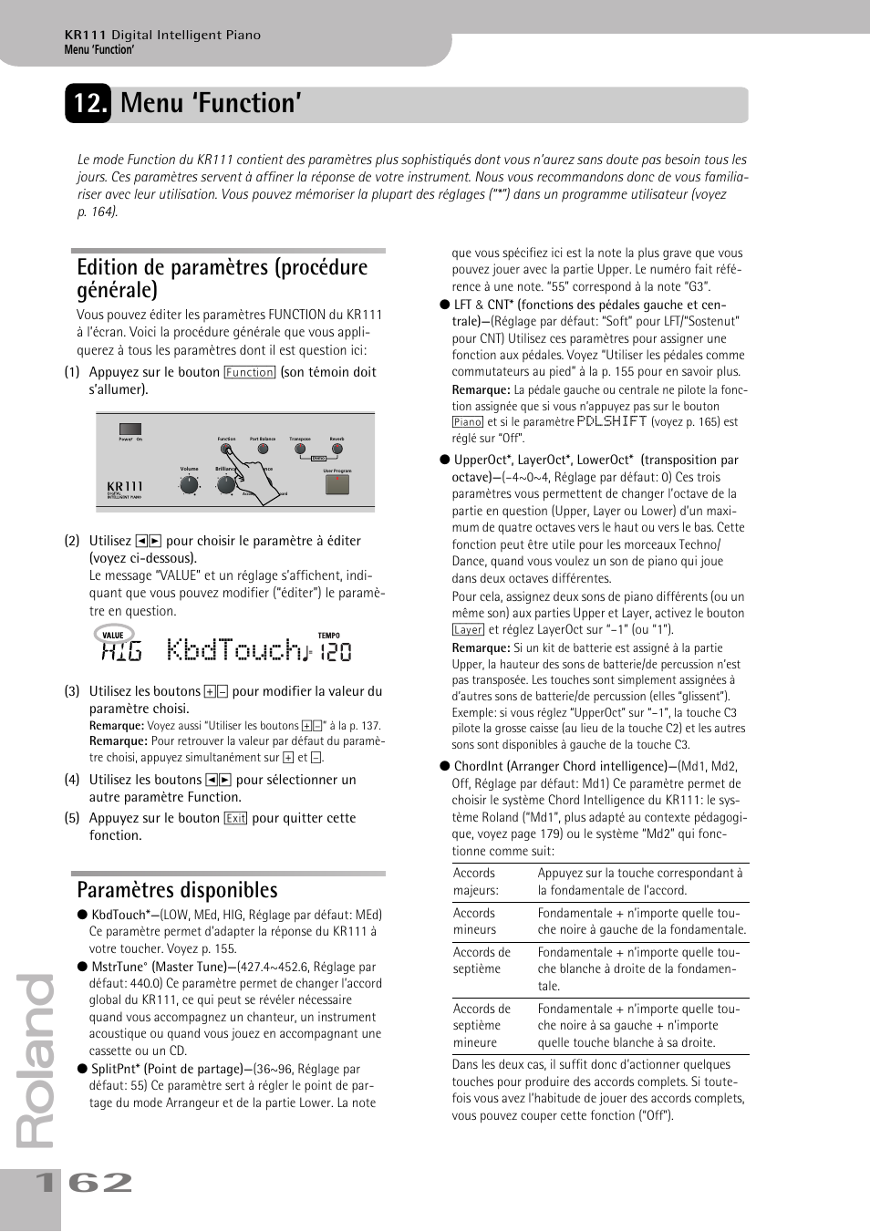 Menu ‘function, Kbdtouch, Edition de paramètres (procédure générale) | Paramètres disponibles | Roland KR111 User Manual | Page 164 / 186