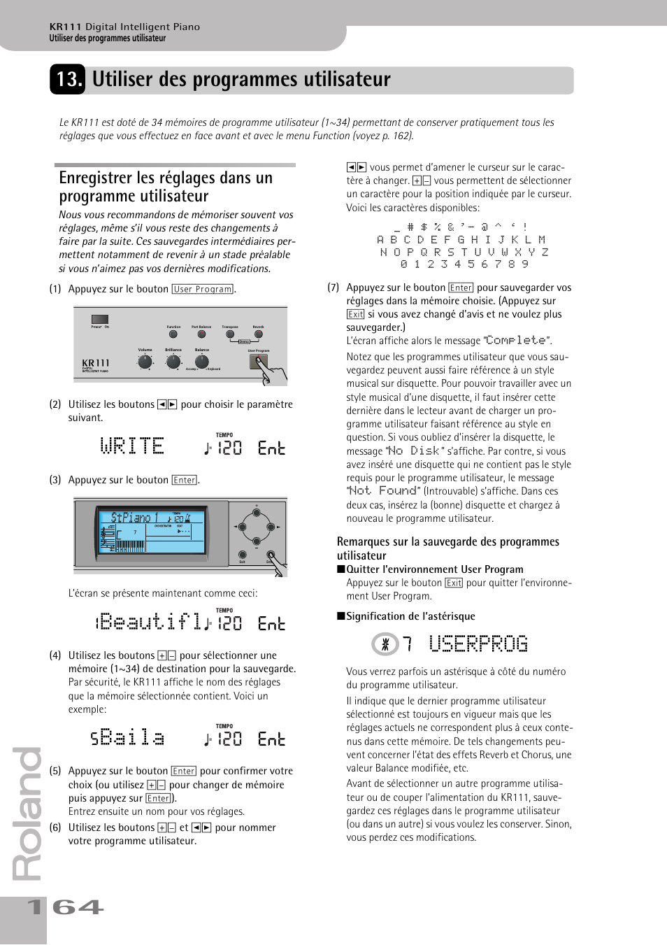 Utiliser des programmes utilisateur, Write, Beautifl | Baila, Userprog, 120 ent | Roland KR111 User Manual | Page 166 / 186