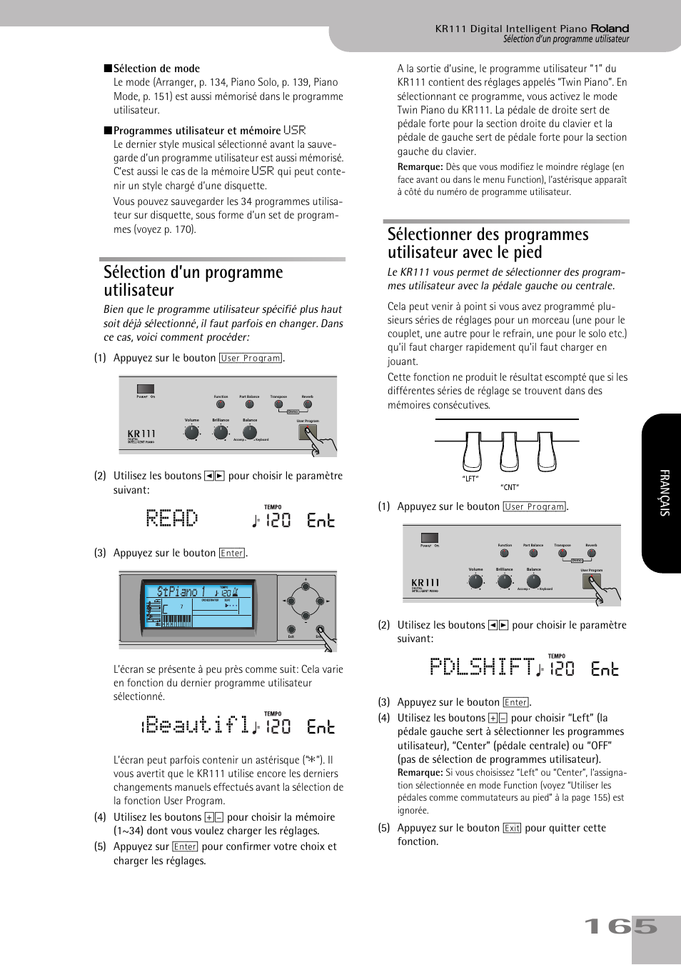 Read, Beautifl, Pdlshift | Sélection d’un programme utilisateur, 120 ent | Roland KR111 User Manual | Page 167 / 186