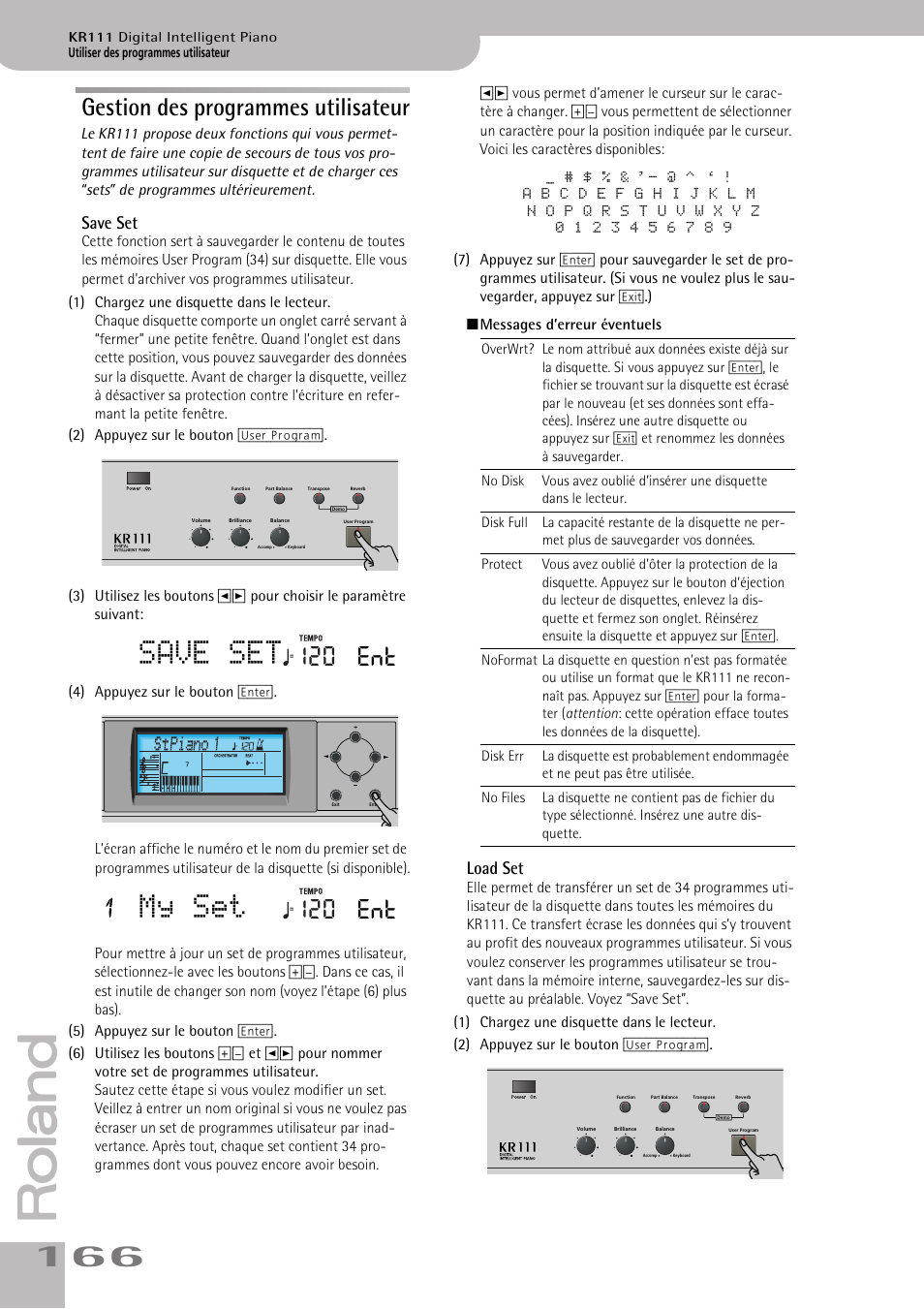 My set, Gestion des programmes utilisateur, 120 ent | Save set, Load set | Roland KR111 User Manual | Page 168 / 186