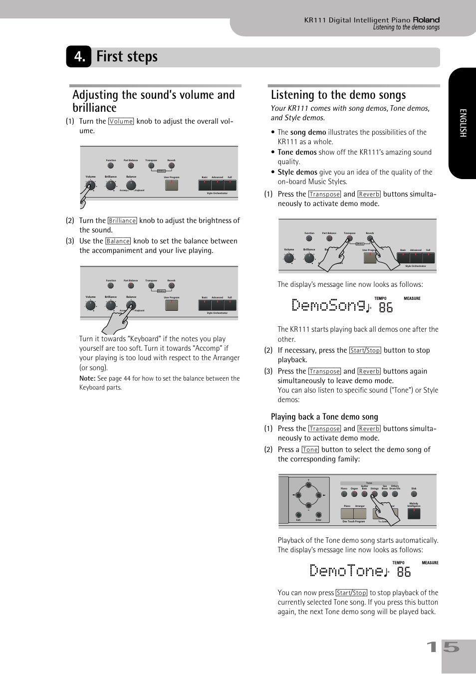 First steps, Demosong, Demotone | Adjusting the sound’s volume and brilliance, Listening to the demo songs, Playing back a tone demo song, English | Roland KR111 User Manual | Page 17 / 186
