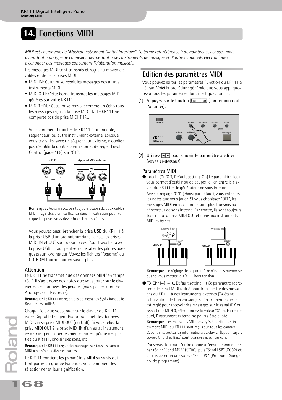 Fonctions midi, Edition des paramètres midi, Attention | Paramètres midi | Roland KR111 User Manual | Page 170 / 186