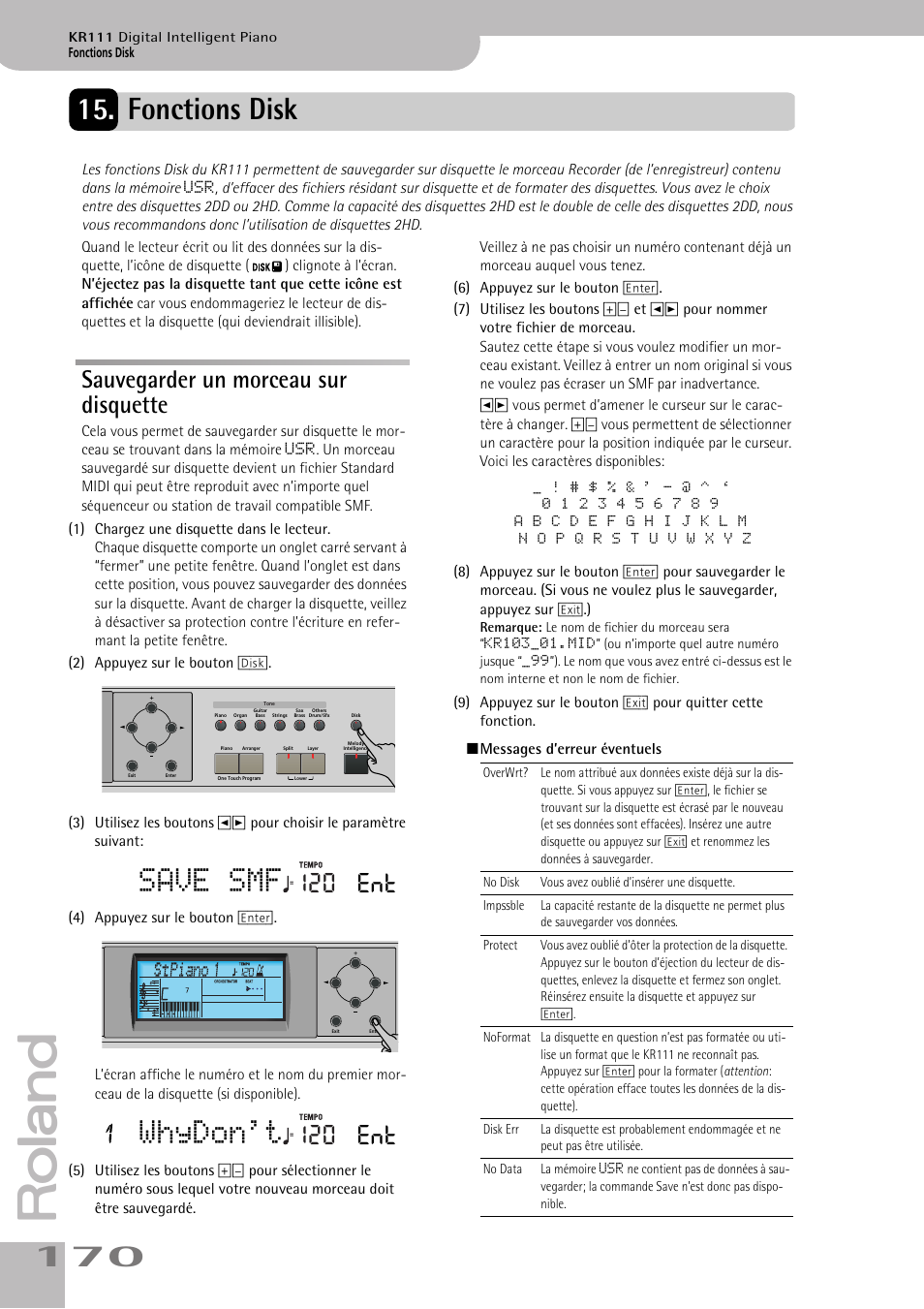 Fonctions disk, Save smf, Whydon't | Sauvegarder un morceau sur disquette, 120 ent | Roland KR111 User Manual | Page 172 / 186