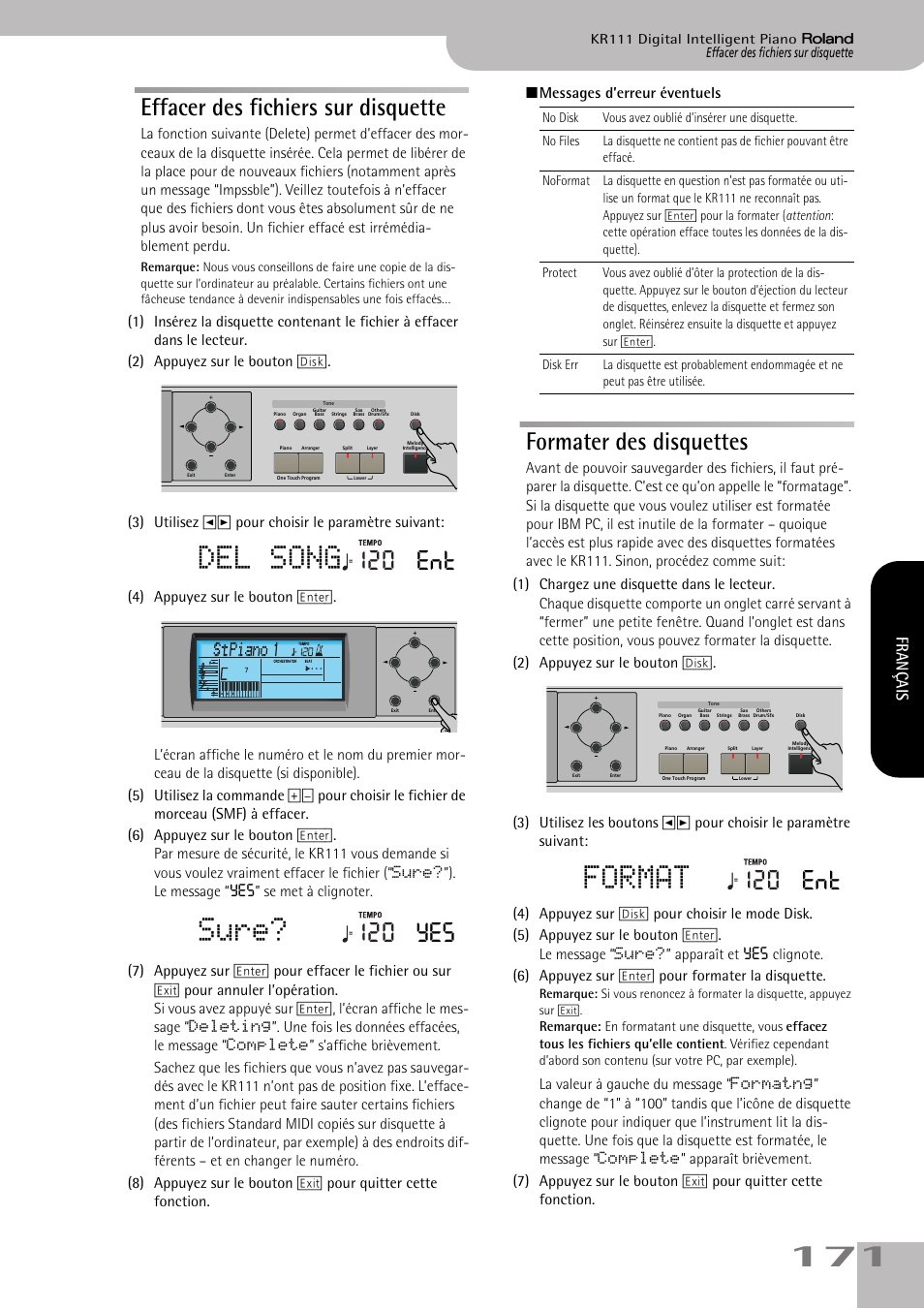 Del song, Sure, Format | Effacer des fichiers sur disquette, Formater des disquettes, 120 ent, 120 yes, Français | Roland KR111 User Manual | Page 173 / 186