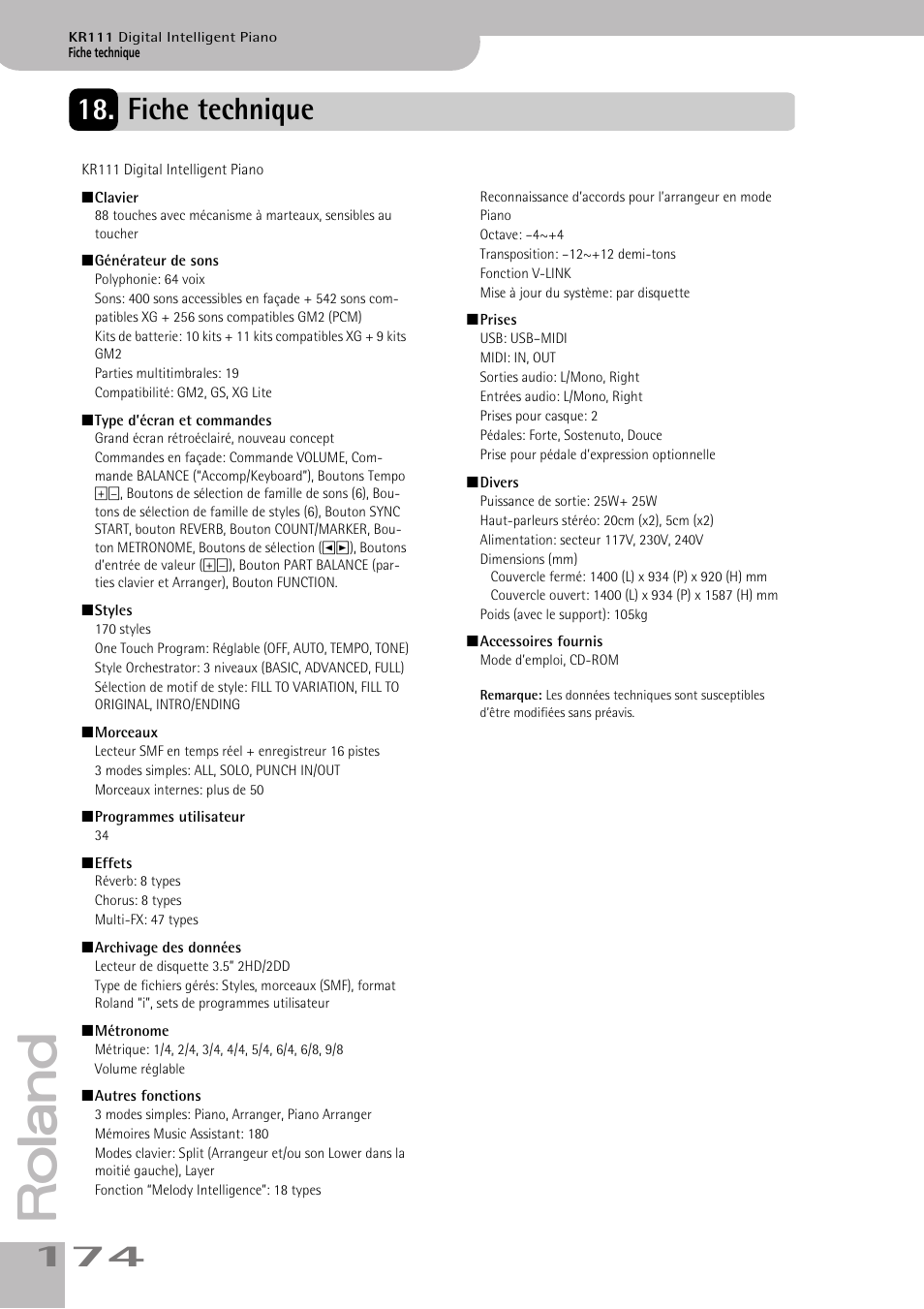 Fiche technique | Roland KR111 User Manual | Page 176 / 186