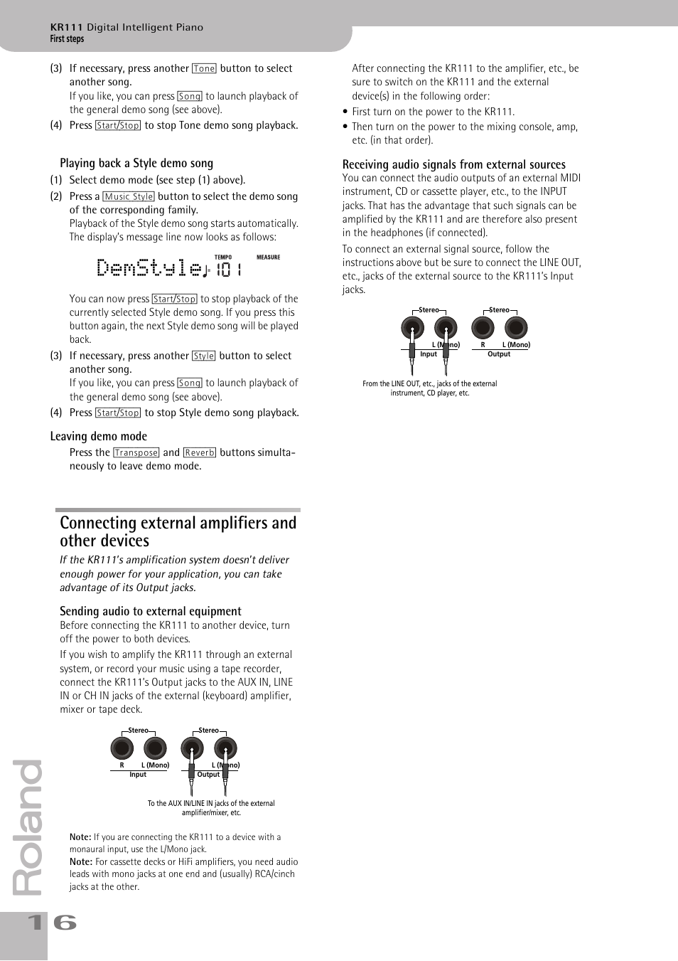 Demstyle, Connecting external amplifiers and other devices | Roland KR111 User Manual | Page 18 / 186