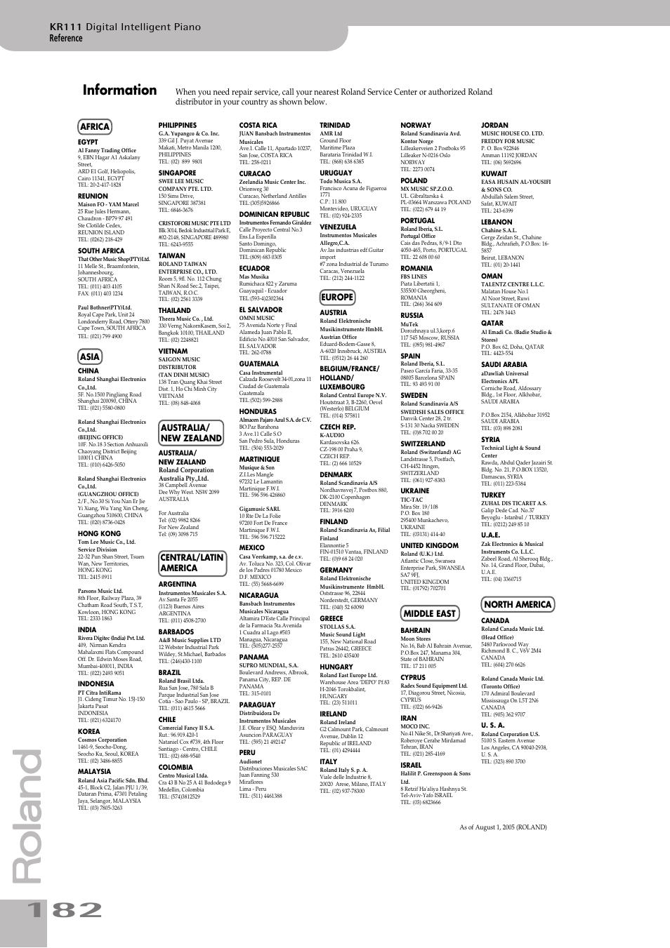 Information, Reference, Kr111 digital intelligent piano | Roland KR111 User Manual | Page 184 / 186