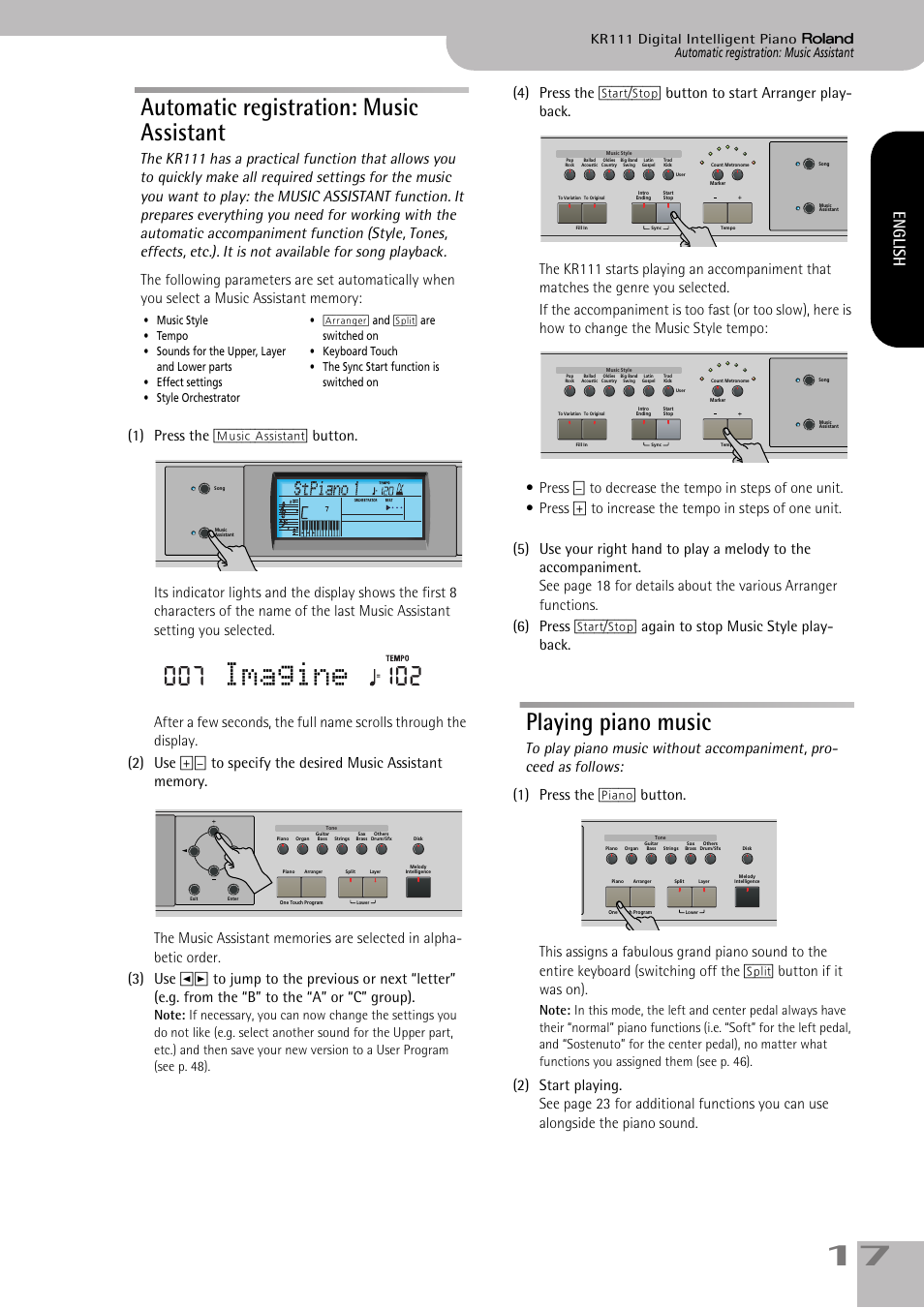 Imagine, Automatic registration: music assistant, Playing piano music | English | Roland KR111 User Manual | Page 19 / 186