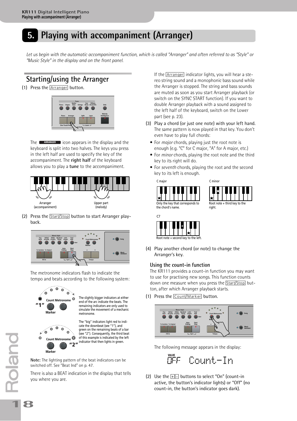 Count-in, Starting/using the arranger, Using the count-in function | Playing with accompaniment (arranger), Kr111 digital intelligent piano | Roland KR111 User Manual | Page 20 / 186
