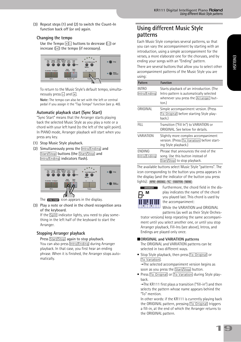 Using different music style patterns, Changing the tempo, Automatic playback start (sync start) | Stopping arranger playback, English | Roland KR111 User Manual | Page 21 / 186