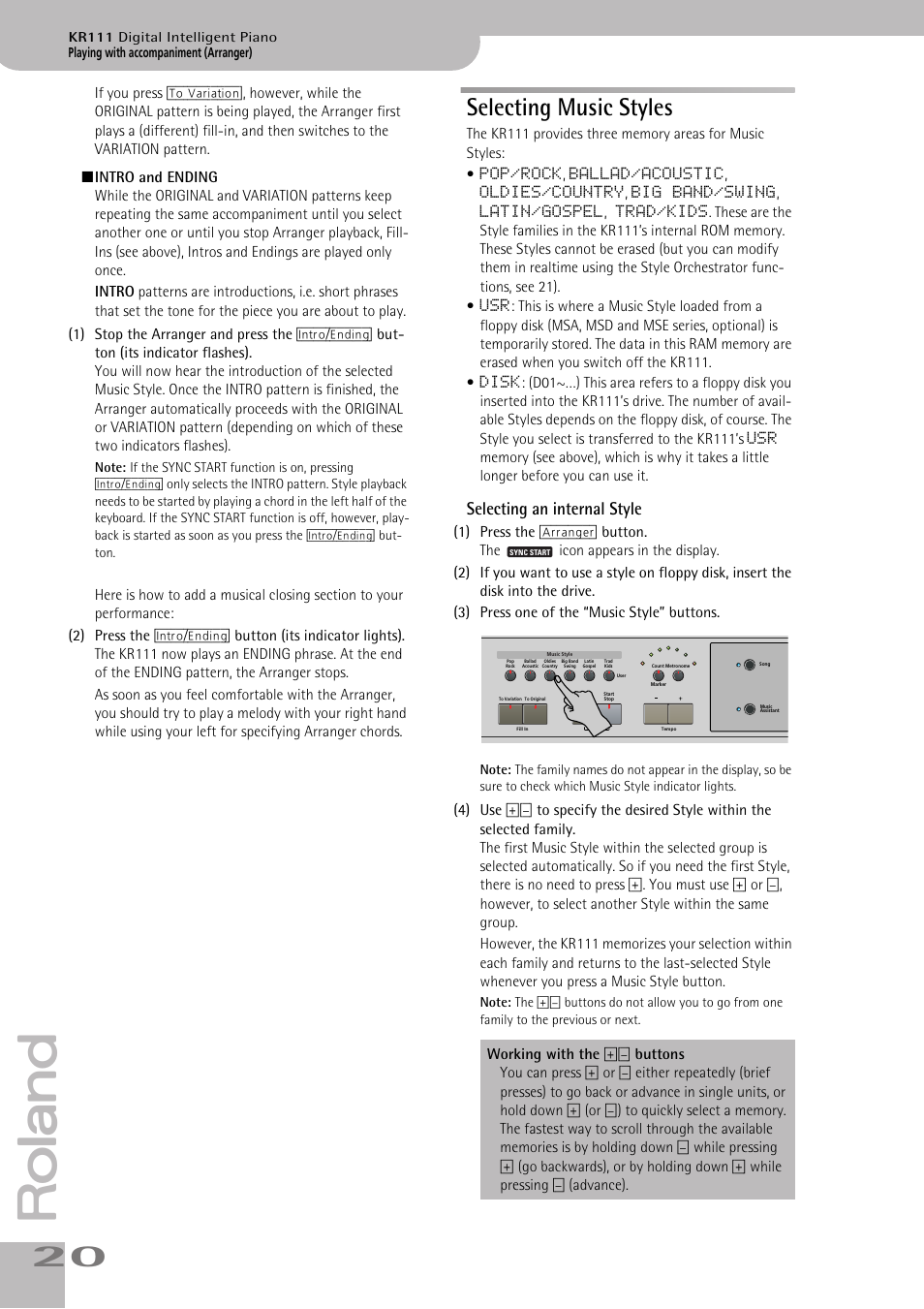 Selecting music styles, Selecting an internal style | Roland KR111 User Manual | Page 22 / 186