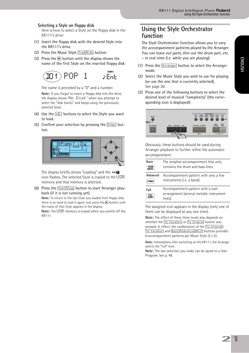 Pop 1, Using the style orchestrator function, Selecting a style on floppy disk | English | Roland KR111 User Manual | Page 23 / 186