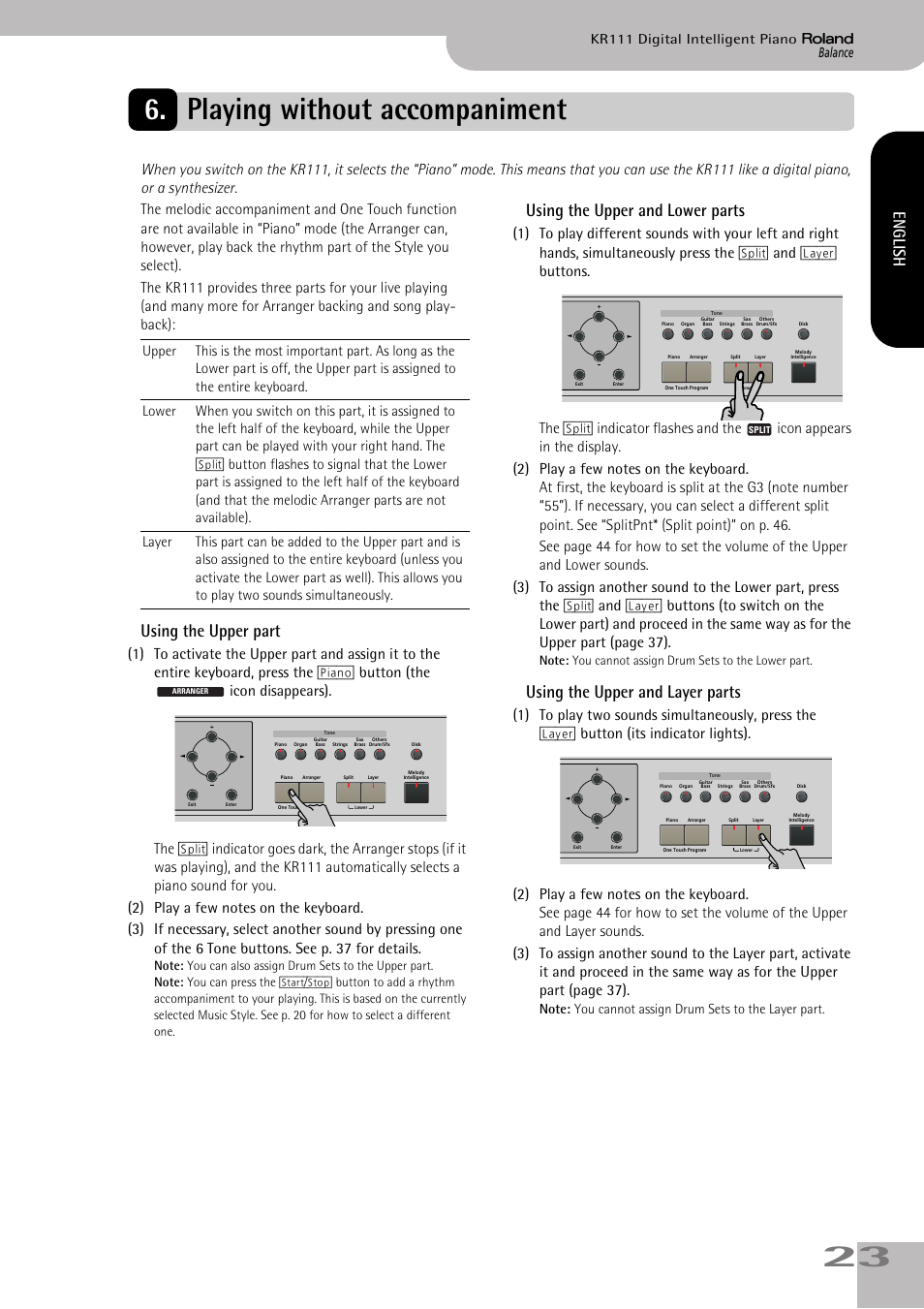 Playing without accompaniment, Using the upper part, Using the upper and lower parts | Using the upper and layer parts, English, Balance kr111 digital intelligent piano | Roland KR111 User Manual | Page 25 / 186