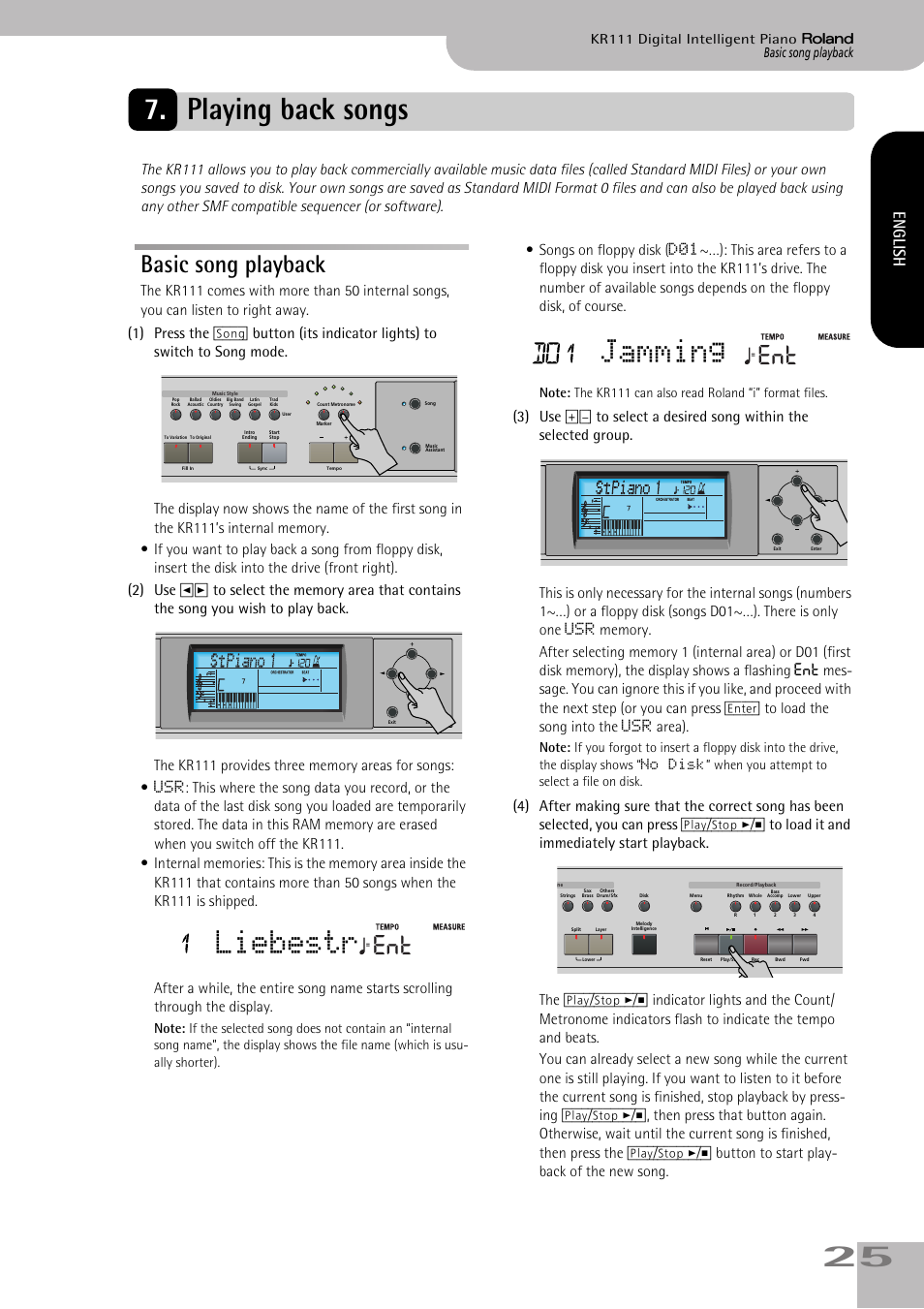 Playing back songs, Liebestr, Jamming | Basic song playback, English | Roland KR111 User Manual | Page 27 / 186