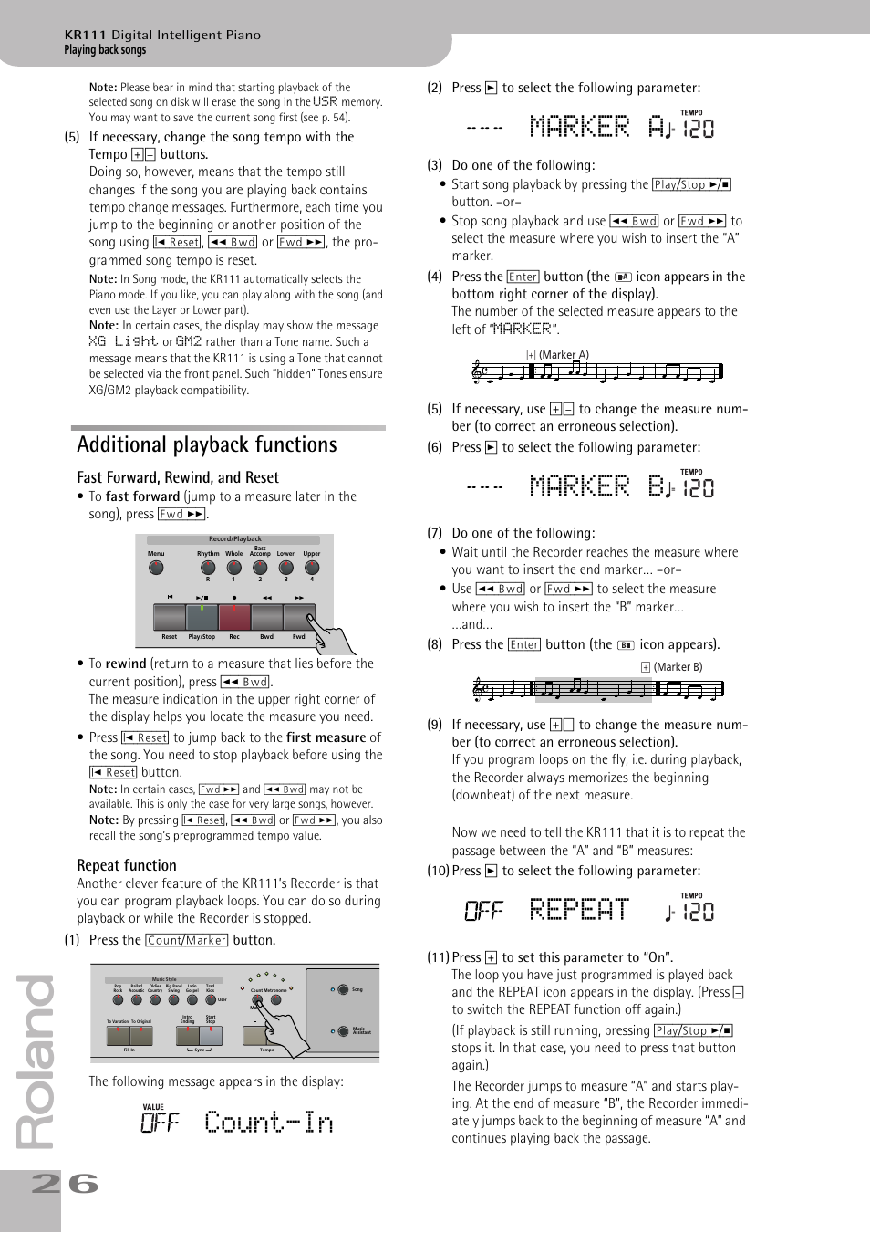 Count-in, Marker a, Marker b | Repeat, Additional playback functions, Fast forward, rewind, and reset, Repeat function | Roland KR111 User Manual | Page 28 / 186