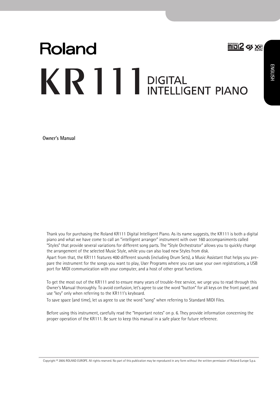 Roland KR111 User Manual | Page 3 / 186