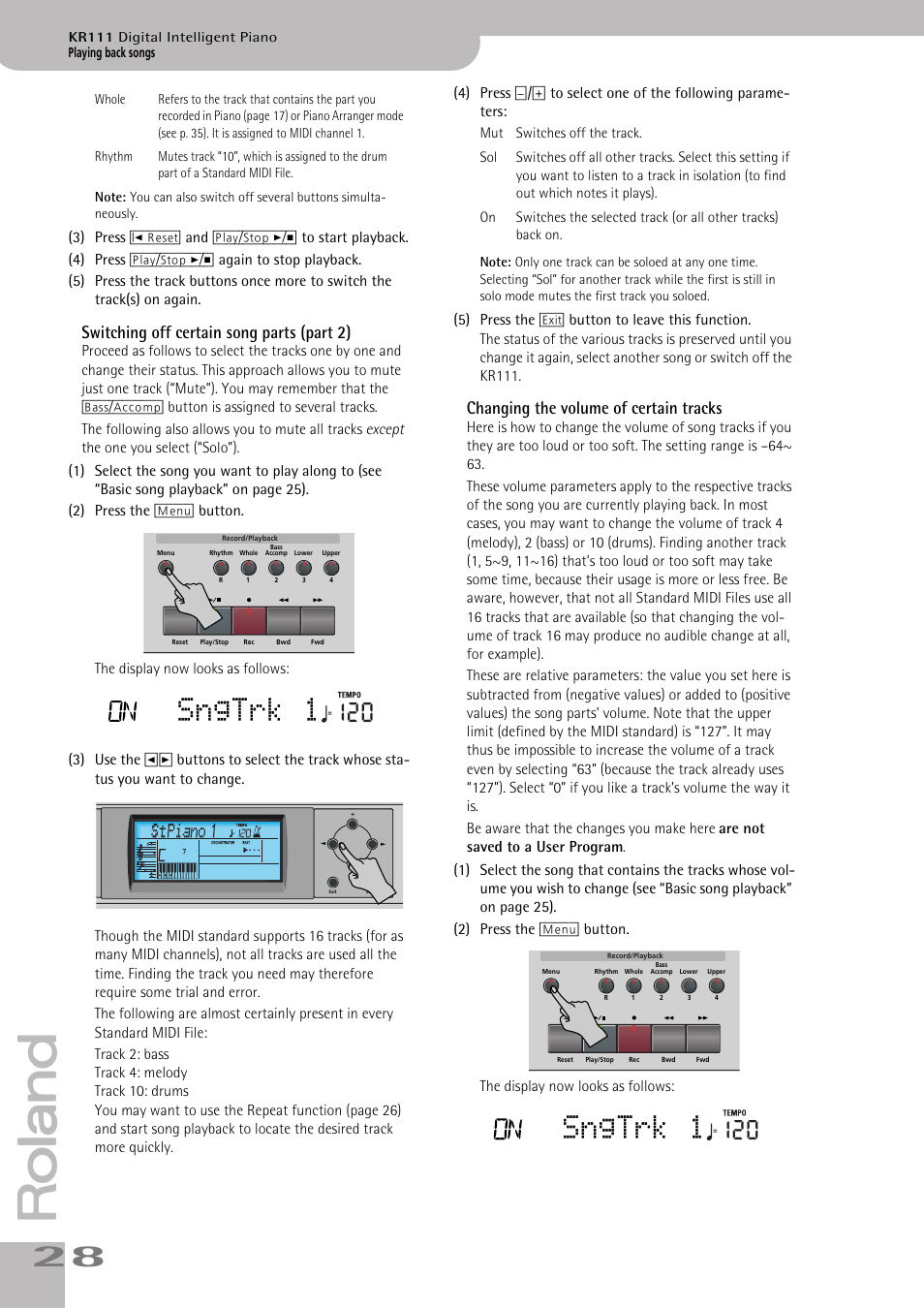 Sngtrk 1, Switching off certain song parts (part 2), Changing the volume of certain tracks | Roland KR111 User Manual | Page 30 / 186