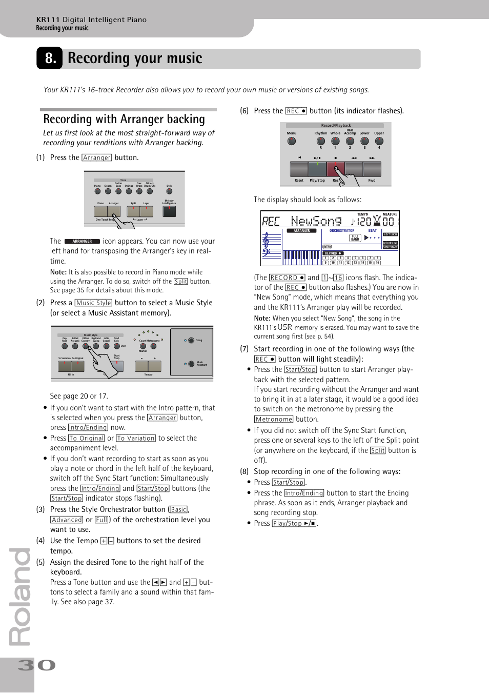 Recording with arranger backing, Newsong, Recording your music | Kr111 digital intelligent piano | Roland KR111 User Manual | Page 32 / 186