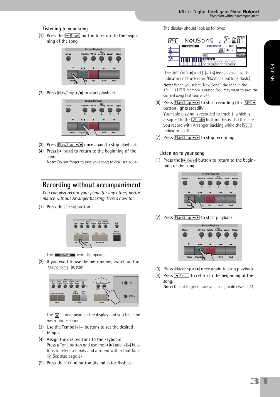 Recording without accompaniment, Newsong, Listening to your song | English | Roland KR111 User Manual | Page 33 / 186
