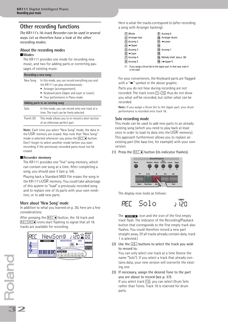 Solo, Other recording functions, Newsong | About the recording modes, More about ‘new song’ mode, Solo recording mode | Roland KR111 User Manual | Page 34 / 186