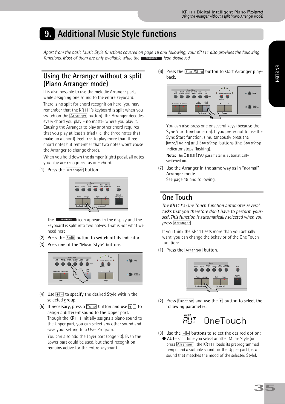 Additional music style functions, Onetouch, One touch | English | Roland KR111 User Manual | Page 37 / 186