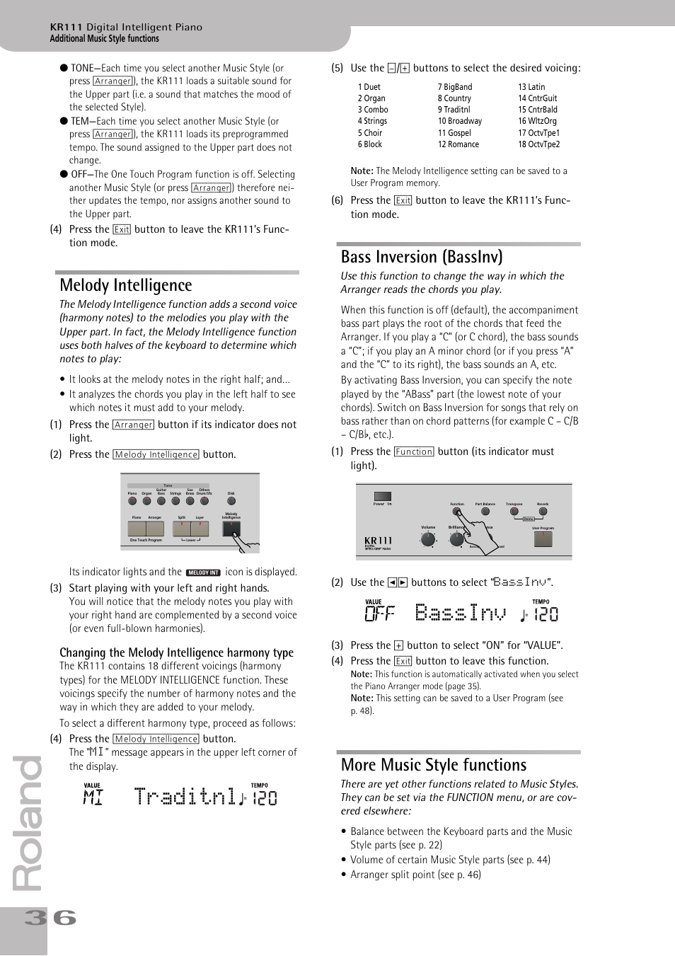 Traditnl, Bassinv, Melody intelligence | Bass inversion (bassinv), More music style functions, Changing the melody intelligence harmony type | Roland KR111 User Manual | Page 38 / 186