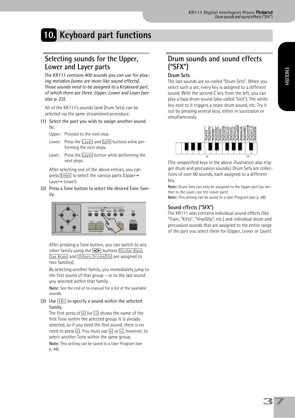 Keyboard part functions, Drum sounds and sound effects (“sfx”), Drum sets | Sound effects (“sfx”), English | Roland KR111 User Manual | Page 39 / 186