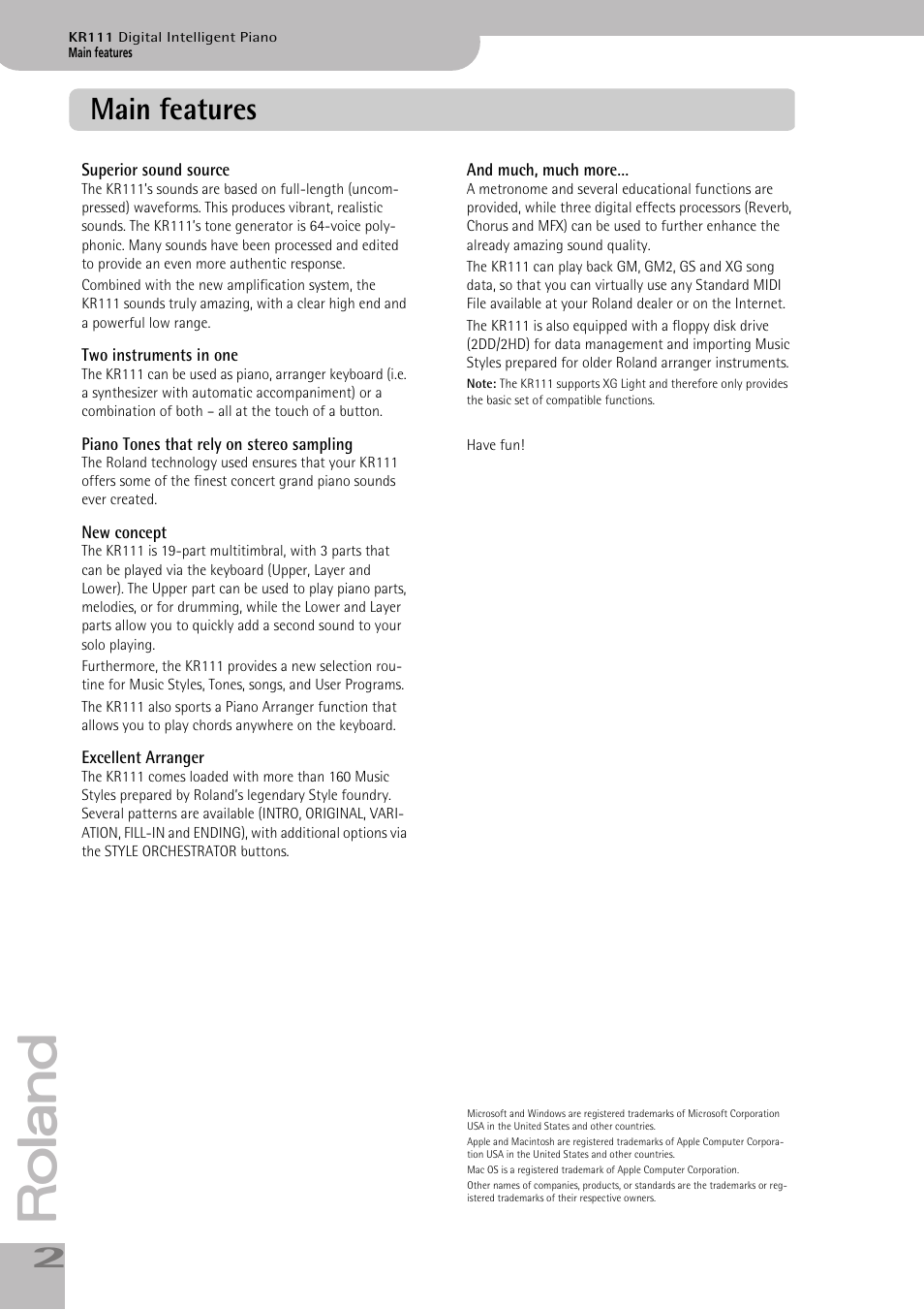 Main features | Roland KR111 User Manual | Page 4 / 186