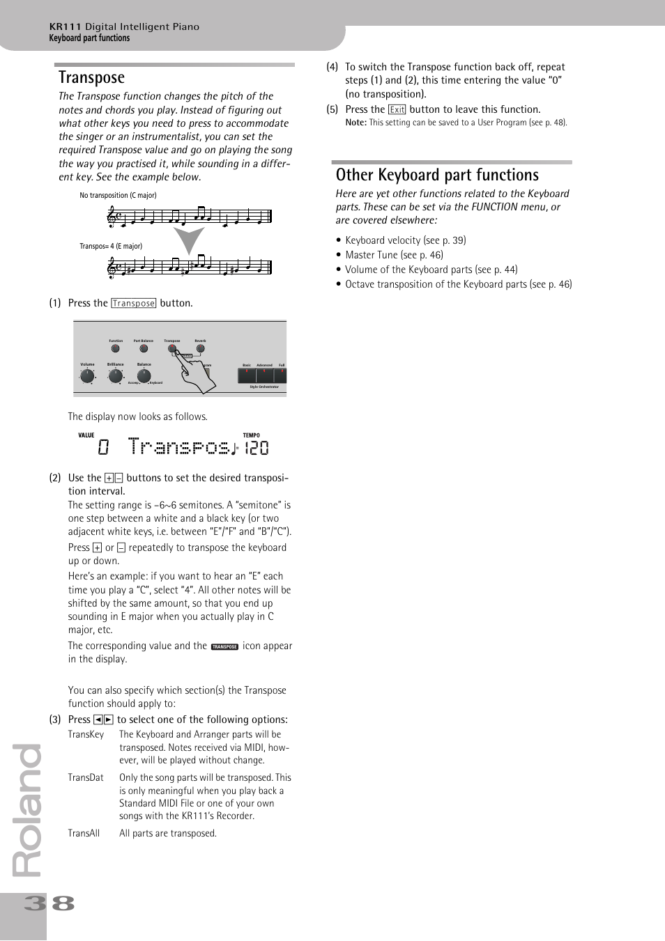 Transpos, Transpose, Other keyboard part functions | Roland KR111 User Manual | Page 40 / 186